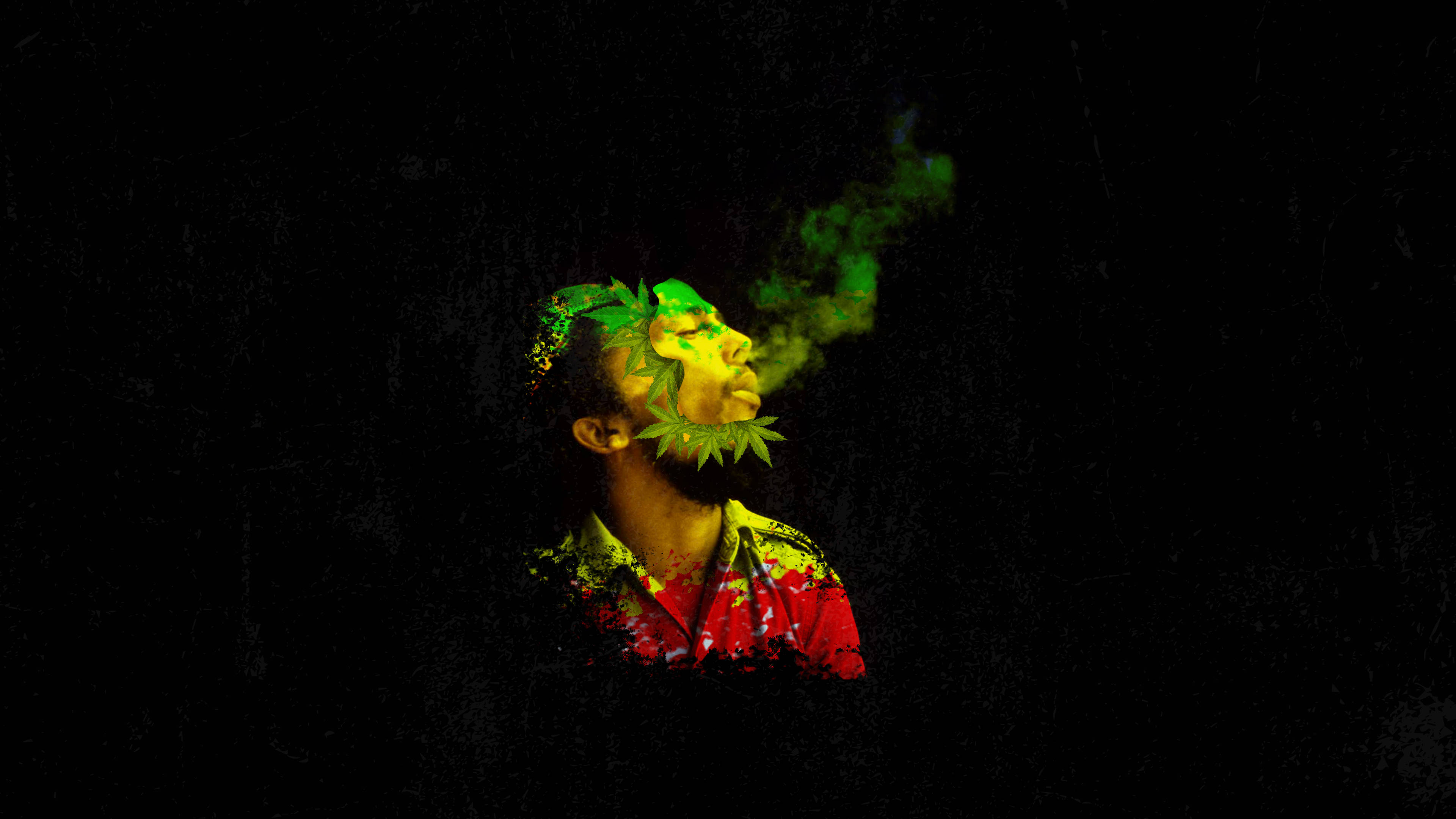 Bob Marley, glowing green leaves, vibrant green smoke, 4K Desktop Wallpaper