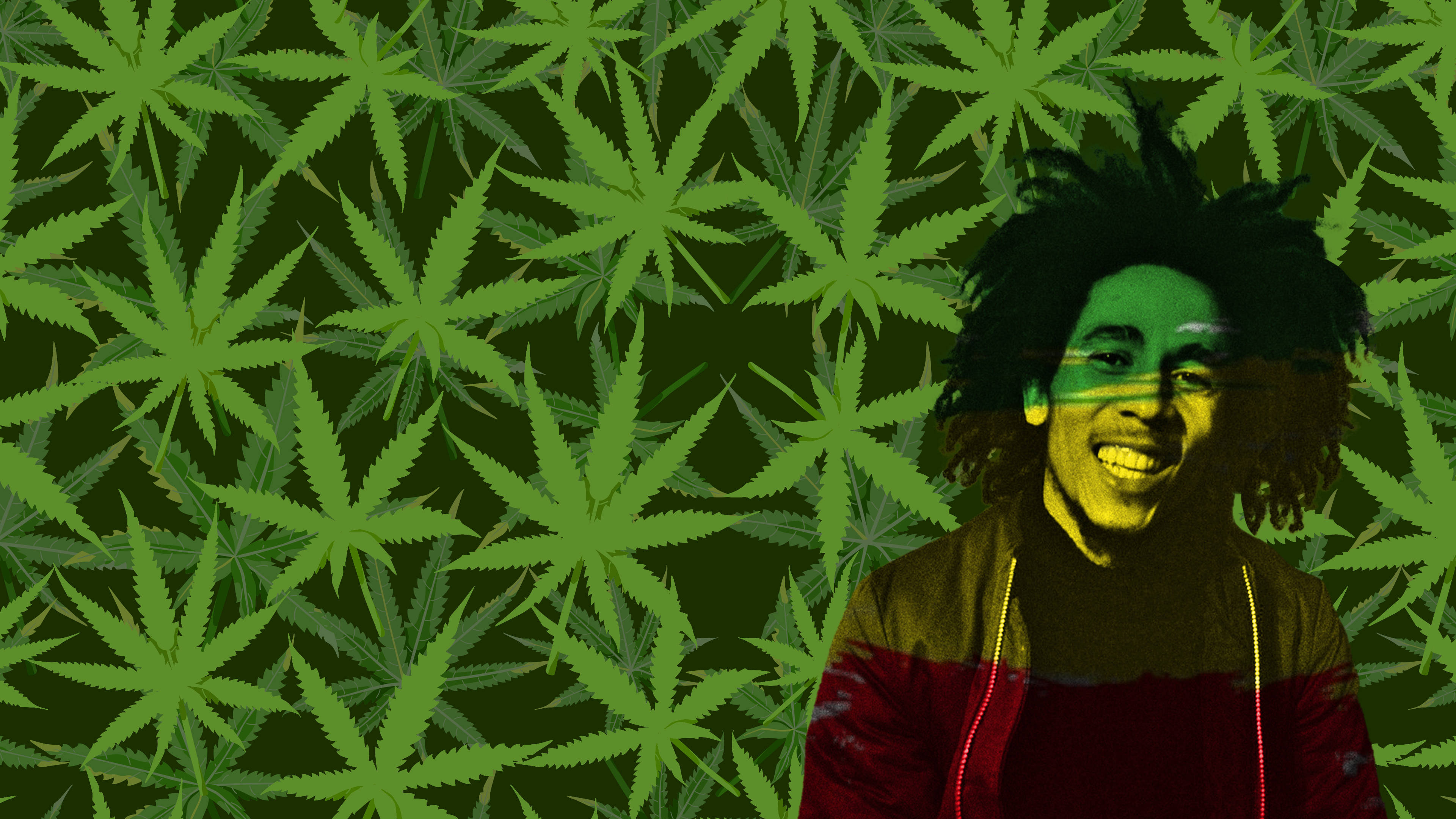 Bob Marley, dreadlocks, vibrant green cannabis leaf patterned background, 4K Desktop Wallpaper