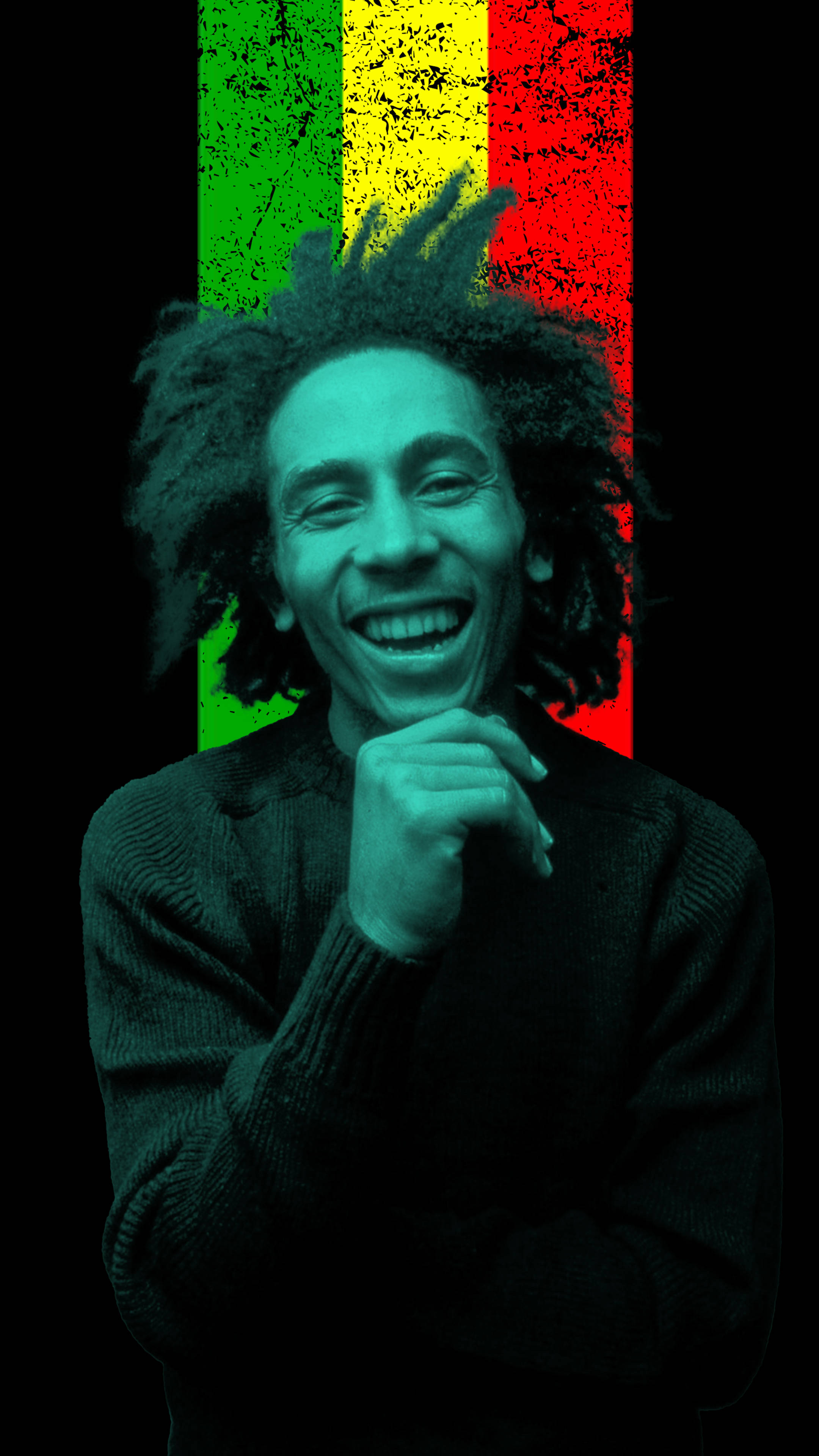 Bob Marley, dreadlocks, vibrant green yellow and red striped background, 4K Phone Wallpaper
