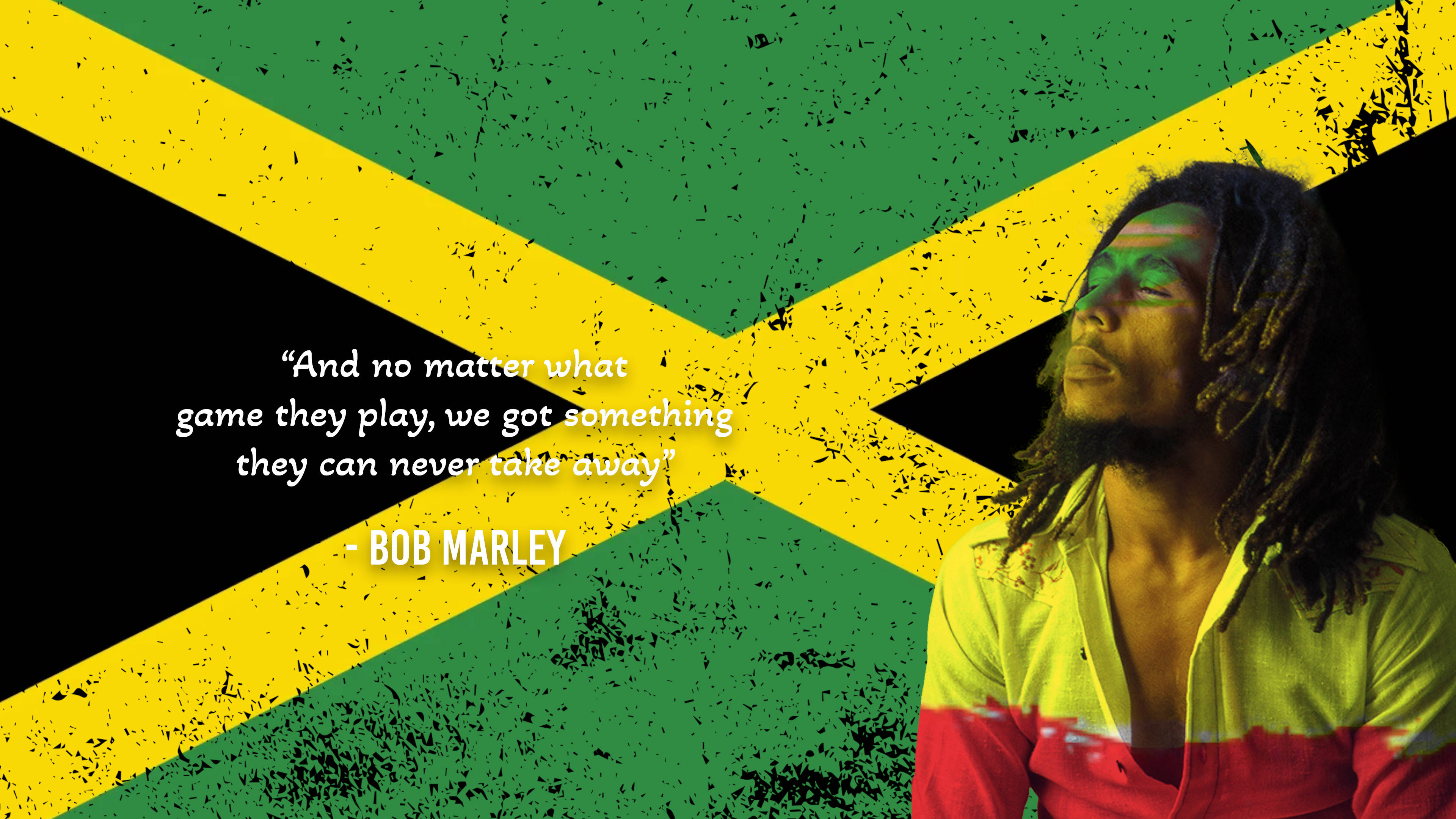 Bob Marley, distressed Jamaican flag, iconic quote, 4K Desktop Wallpaper
