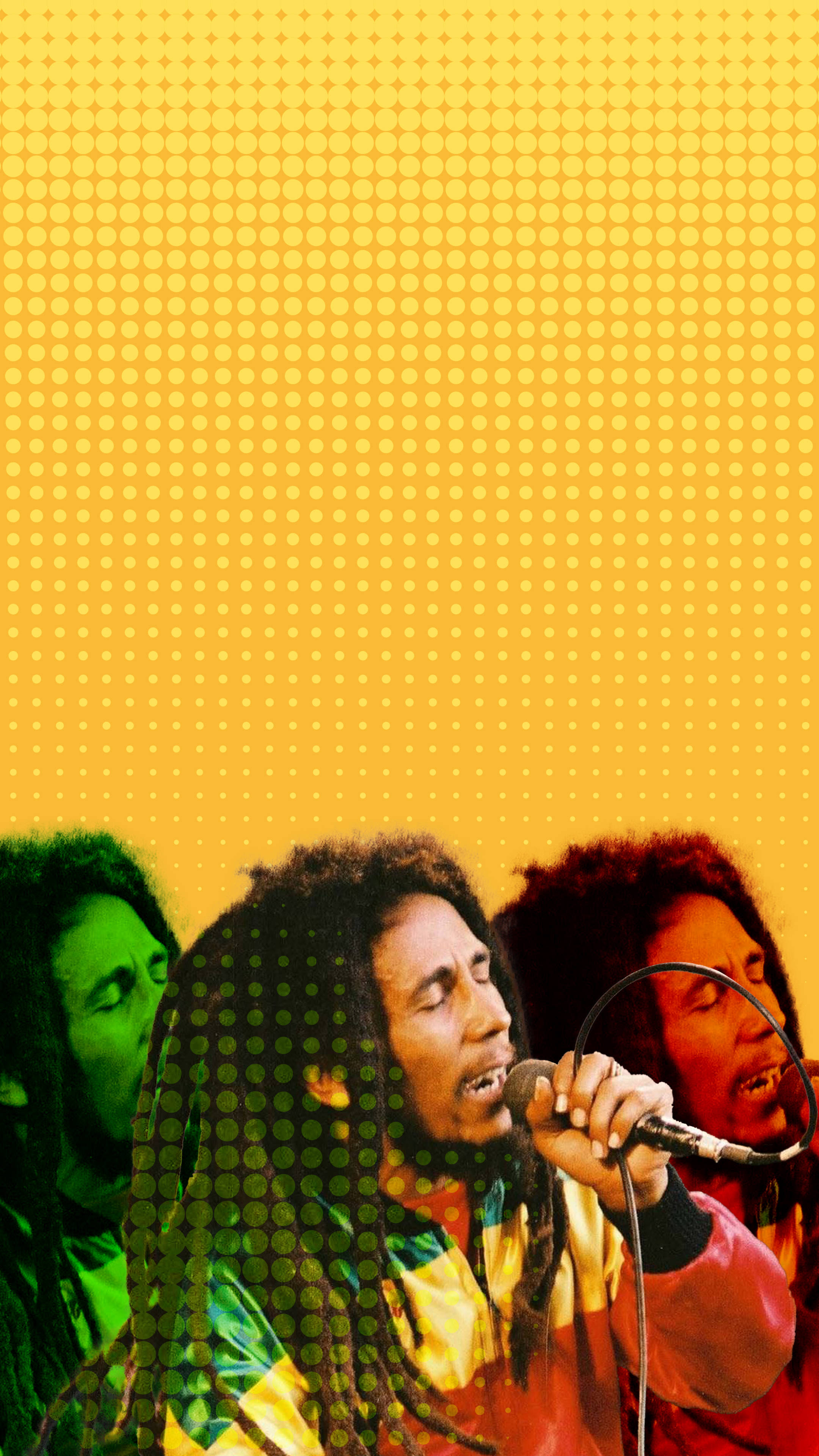 Bob Marley, yellow halftone background, green accents, 4K Phone Wallpaper