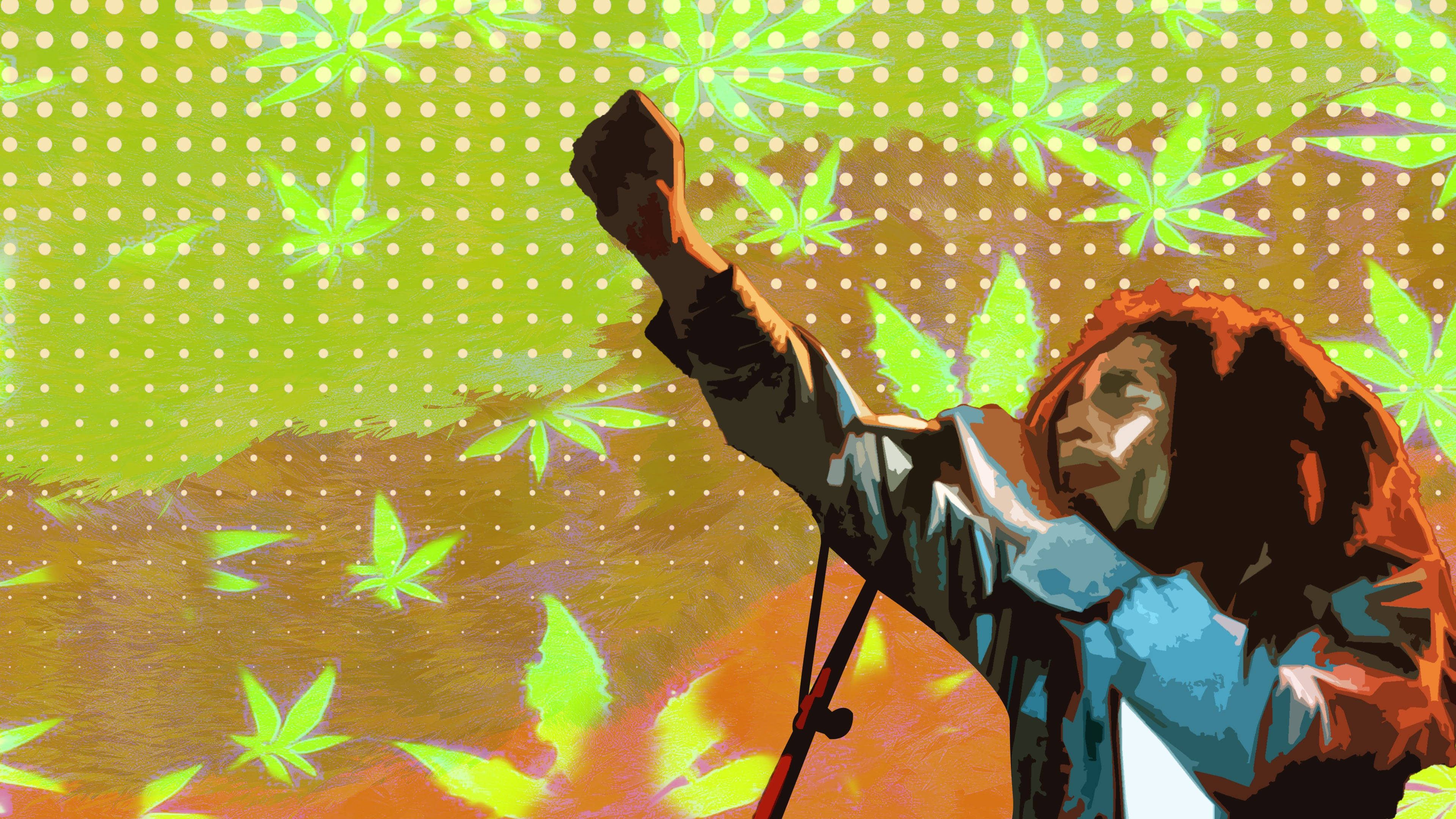Bob Marley, right fist up, glowing green cannabis leaves, 4K Desktop Wallpaper