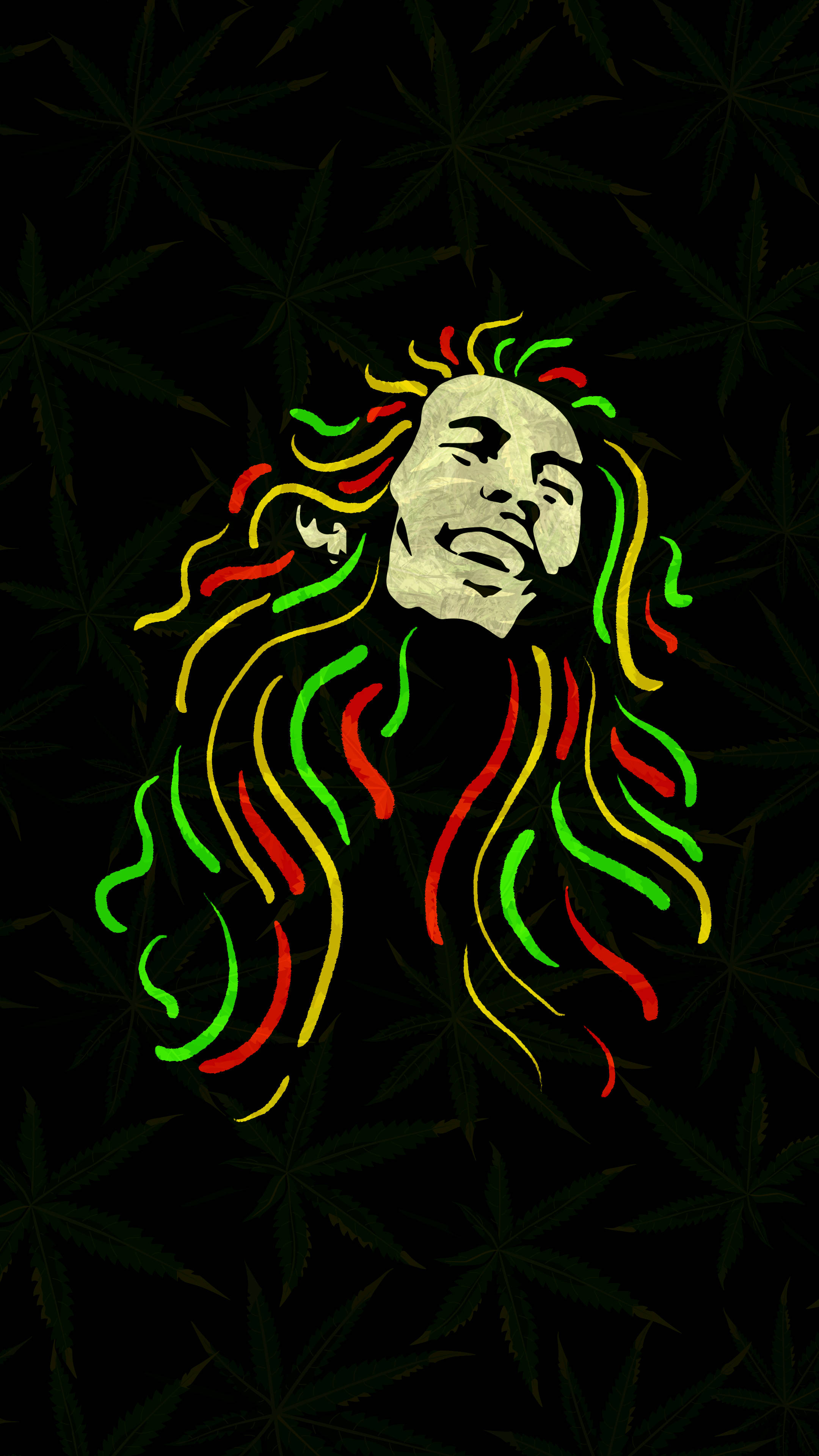 Bob Marley, vibrant red yellow and green dreadlocks, dark background, 4K Phone Wallpaper