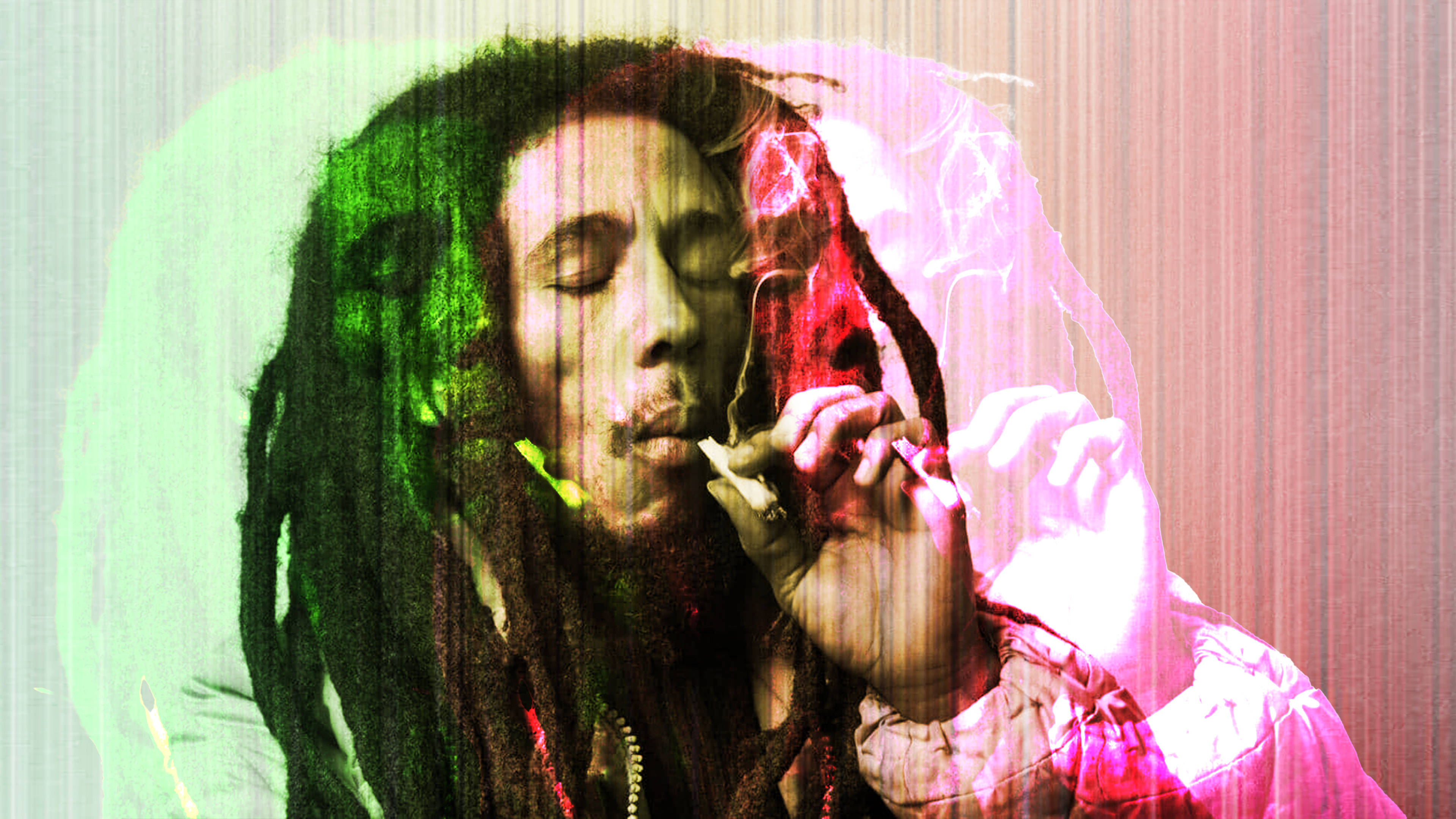 Bob Marley, smoking a joint, glitchy green and pink background, 4K Desktop Wallpaper
