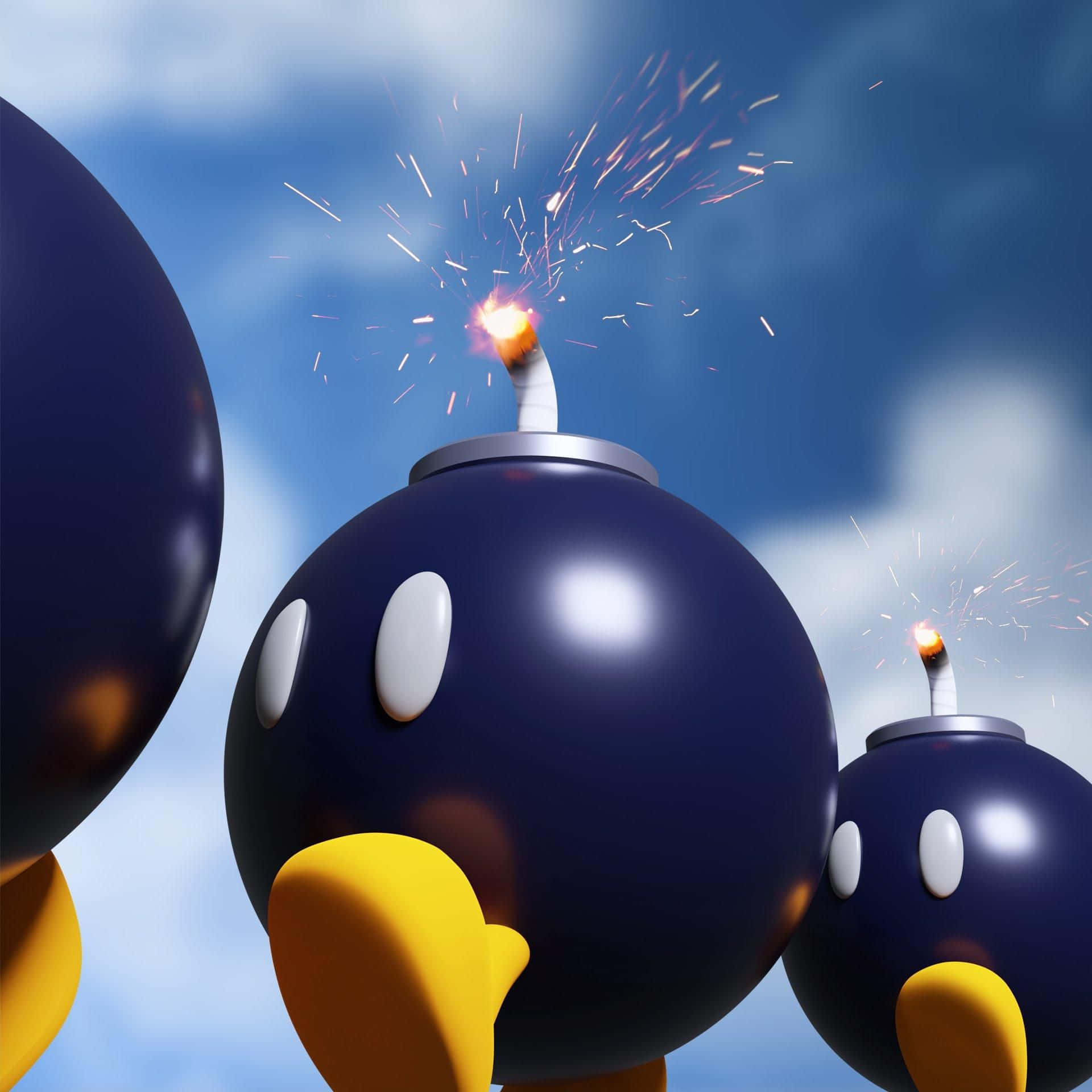 Bob-omb, blue bomb characters, lit fuses, Full HD Desktop Wallpaper