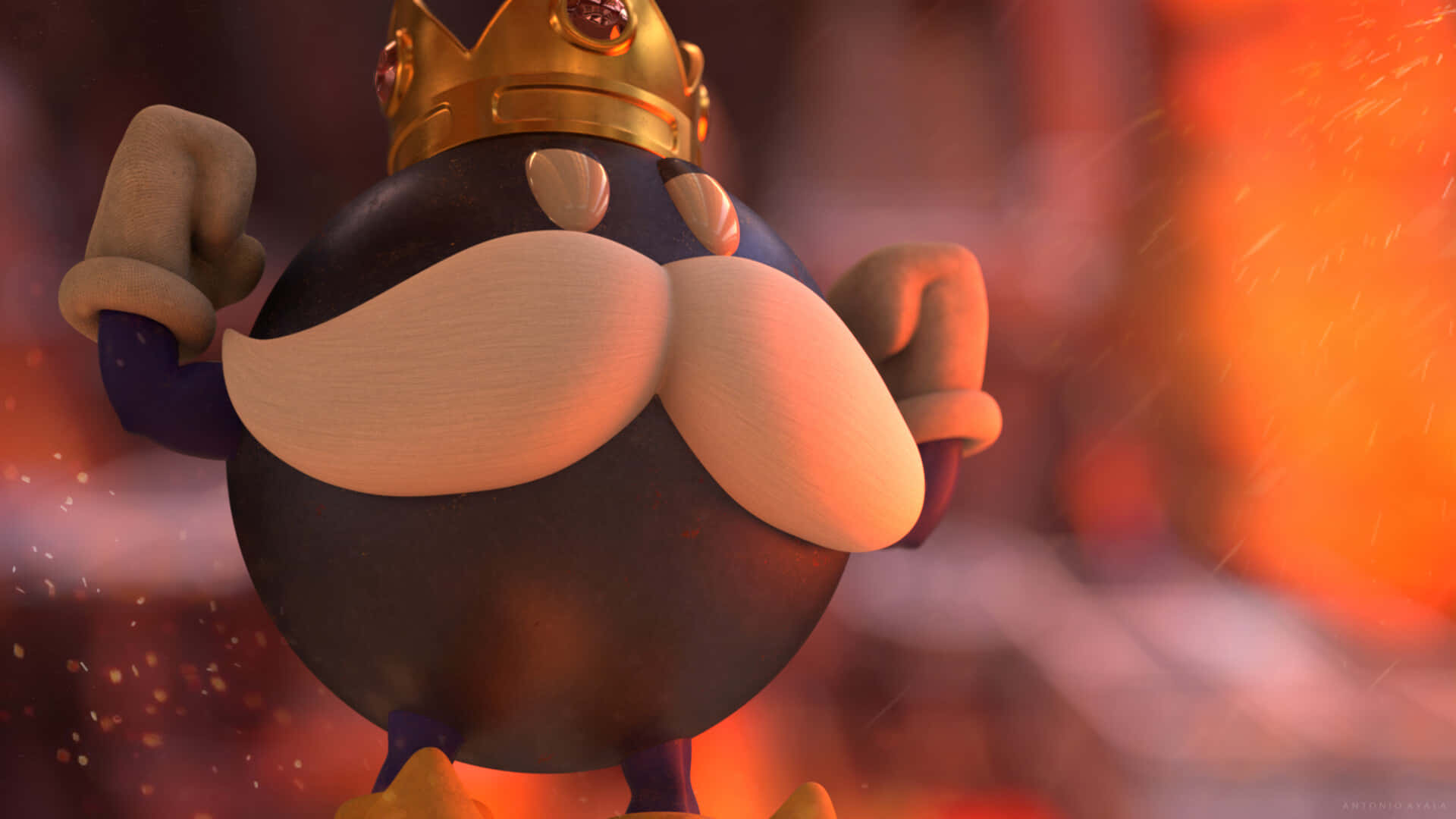 Bob-omb, gold crown, white mustache, Full HD Desktop Wallpaper