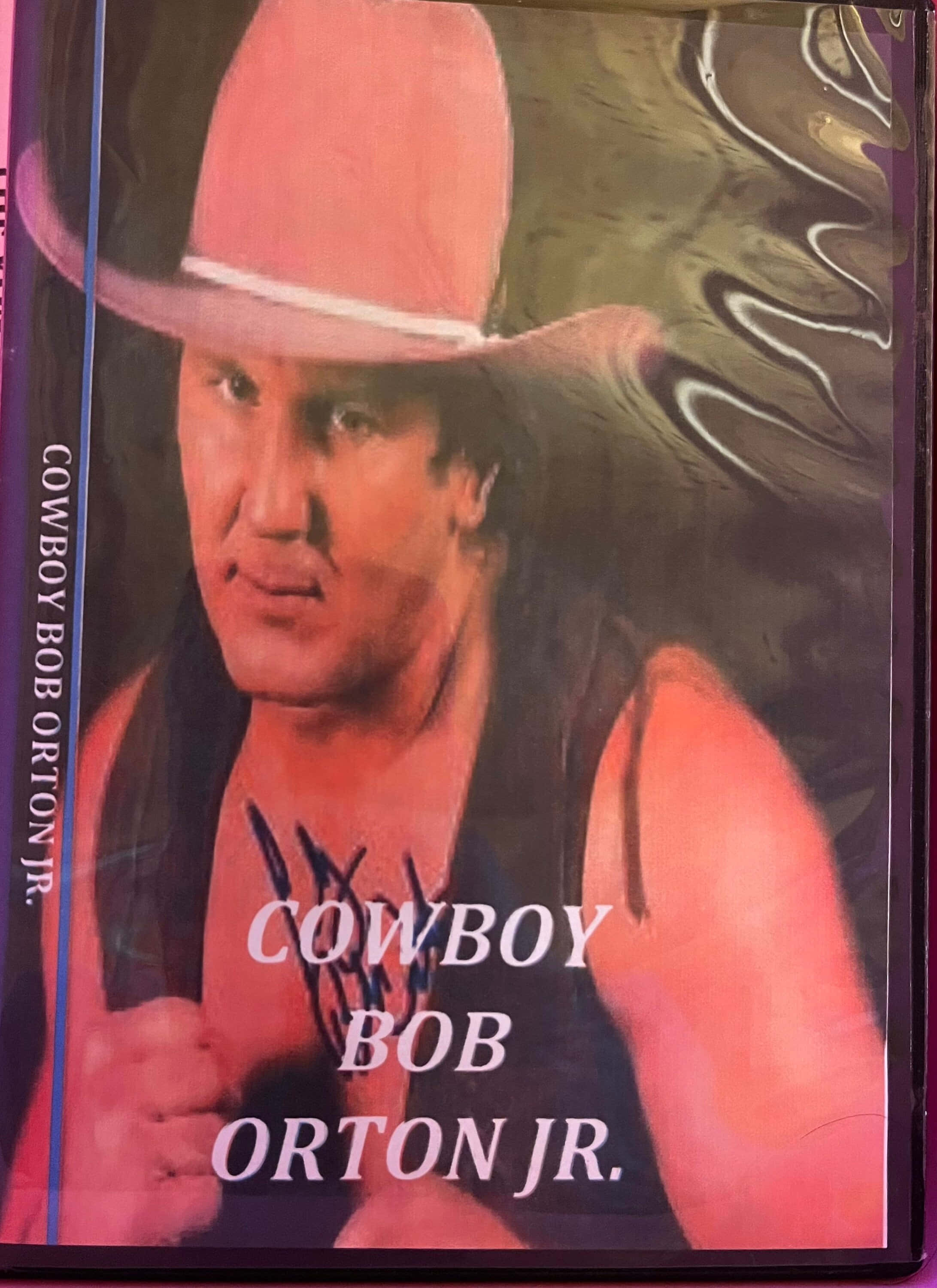 Bob Orton Jr, pink cowboy hat, swirling dark background, 2K Phone Wallpaper