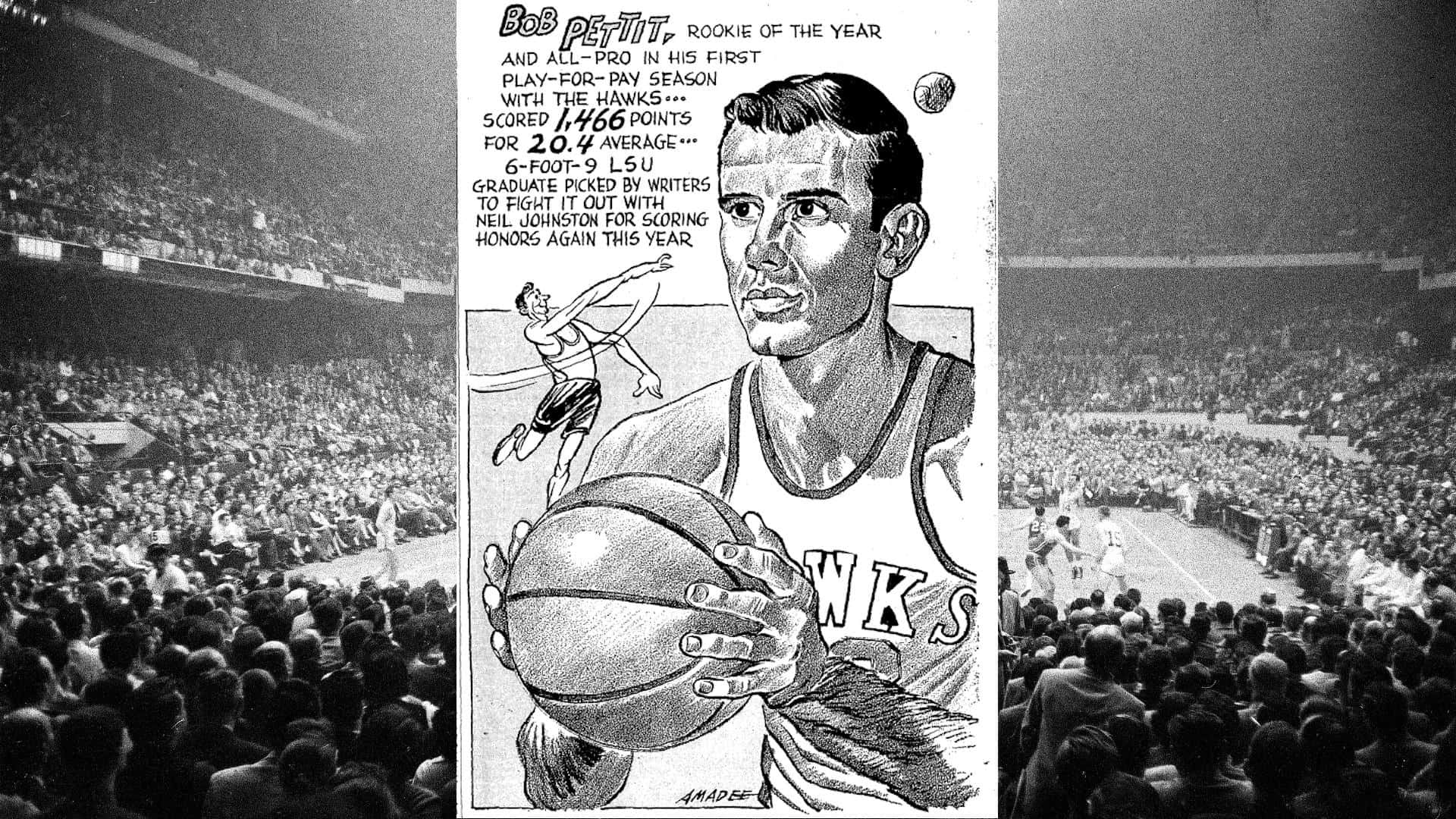 Bob Pettit, black and white sports collage, cartoon illustration, Full HD Desktop Wallpaper