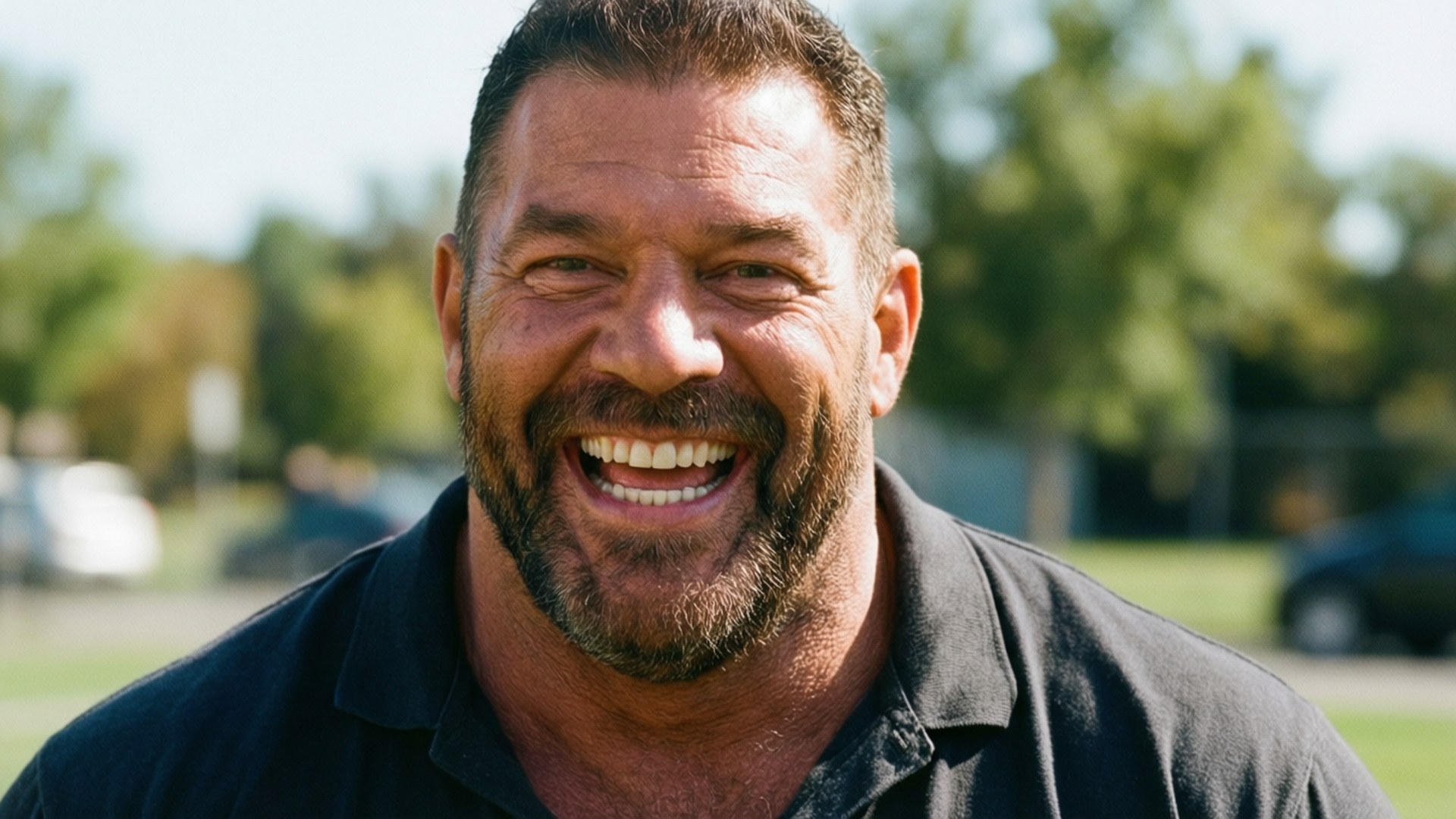 Bob Sapp, sunny outdoor scene, laughing joyfully, Full HD Desktop Wallpaper