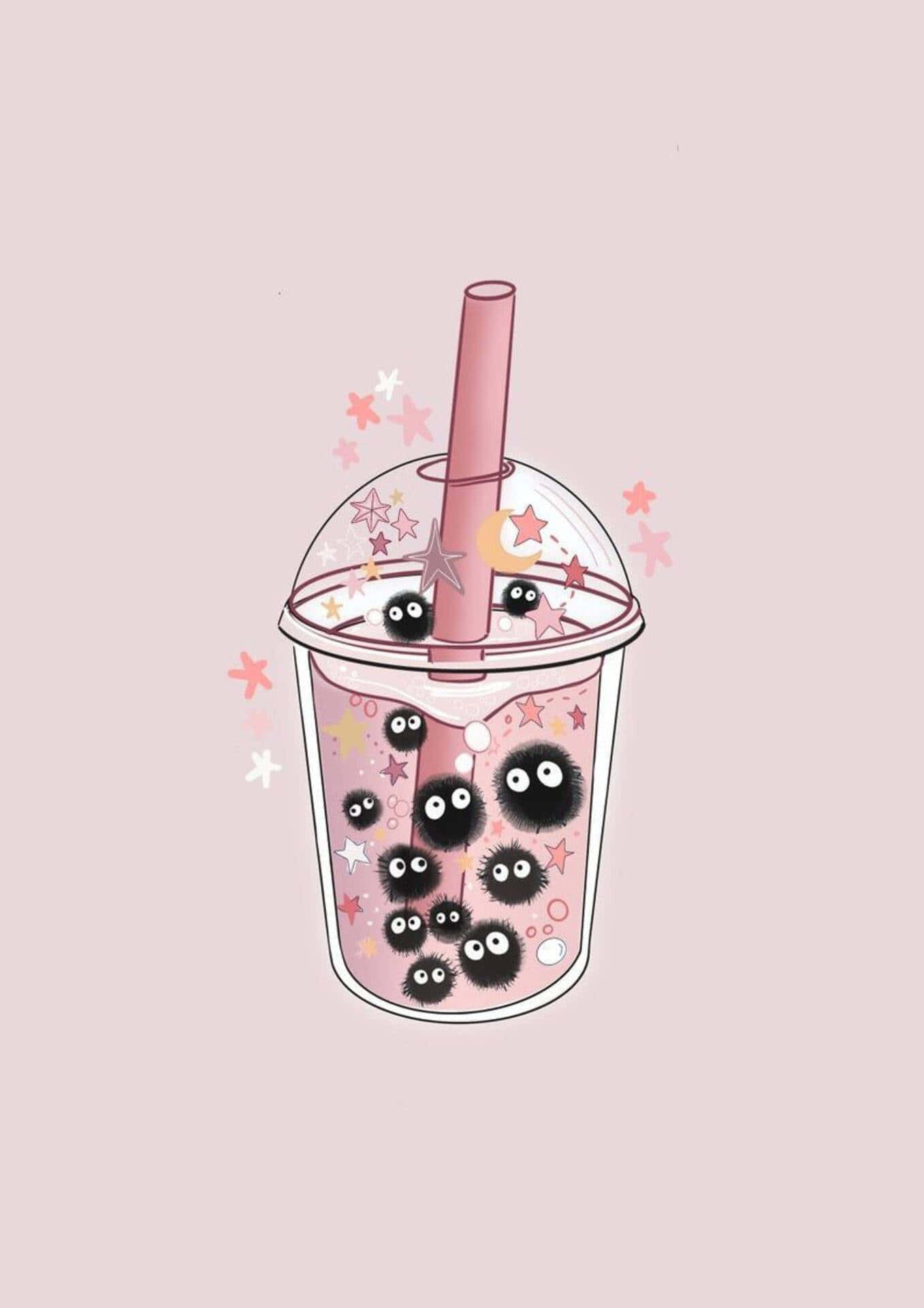 pink bubble tea cup, cute black tengu characters, stars, Full HD Phone Wallpaper