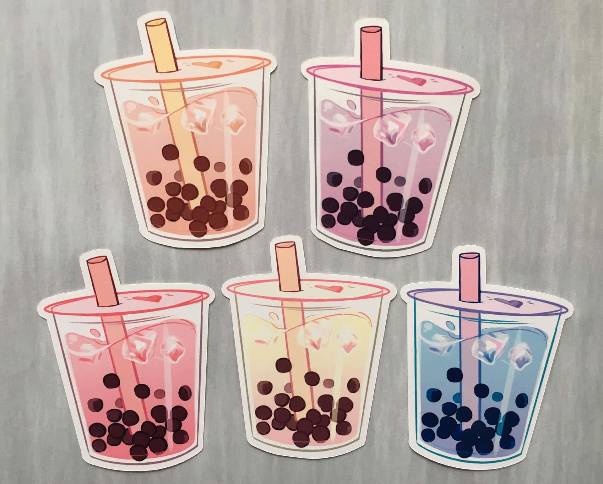 colorful boba tea stickers, straws, ice cubes, Full HD Desktop Wallpaper
