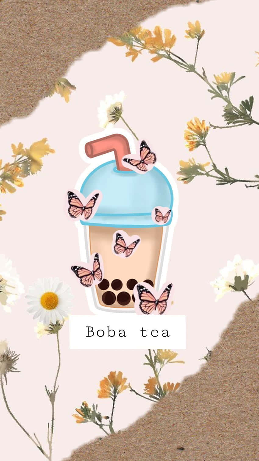 boba tea cup, pink butterflies, daisies, HD Phone Wallpaper