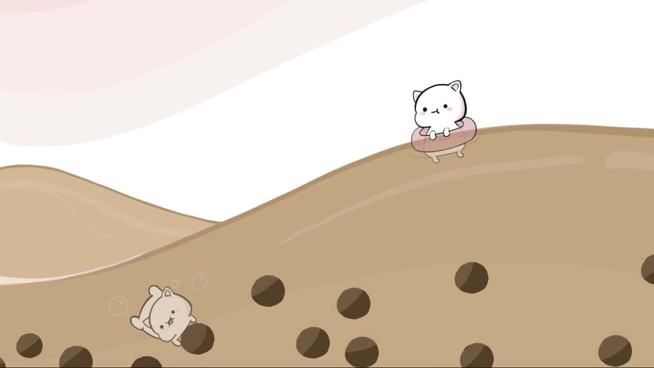 Boba Tea Cats Aesthetic, white cats, brown sandy landscape, HD Desktop Wallpaper