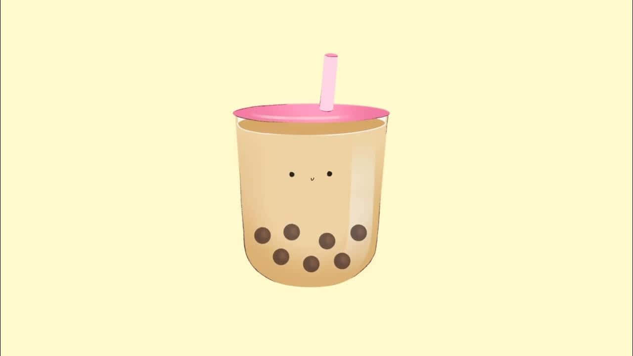 Cute Boba Tea Cartoon, bubble tea cup, pink lid straw, HD Desktop Wallpaper