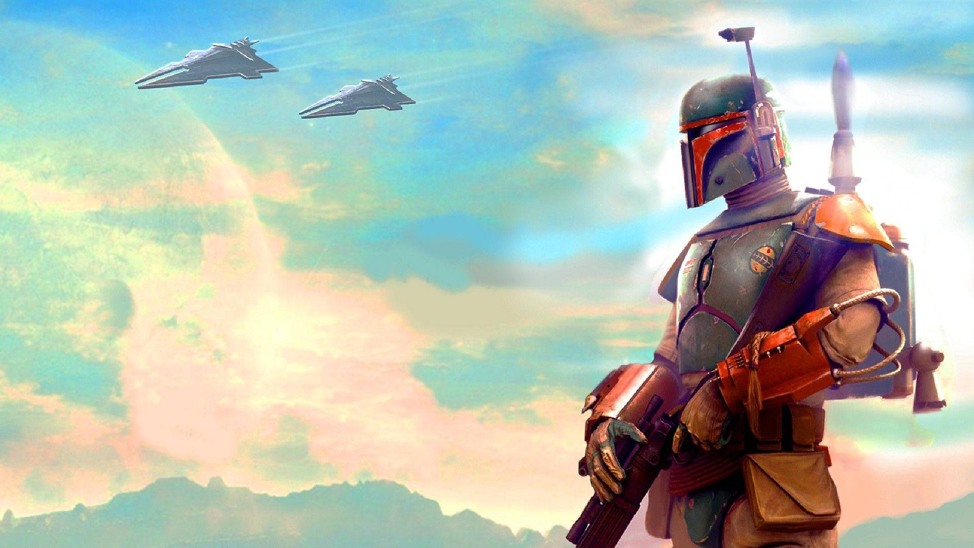 Boba Fett, sky blue background, vibrant alien sky, Full HD Desktop Wallpaper