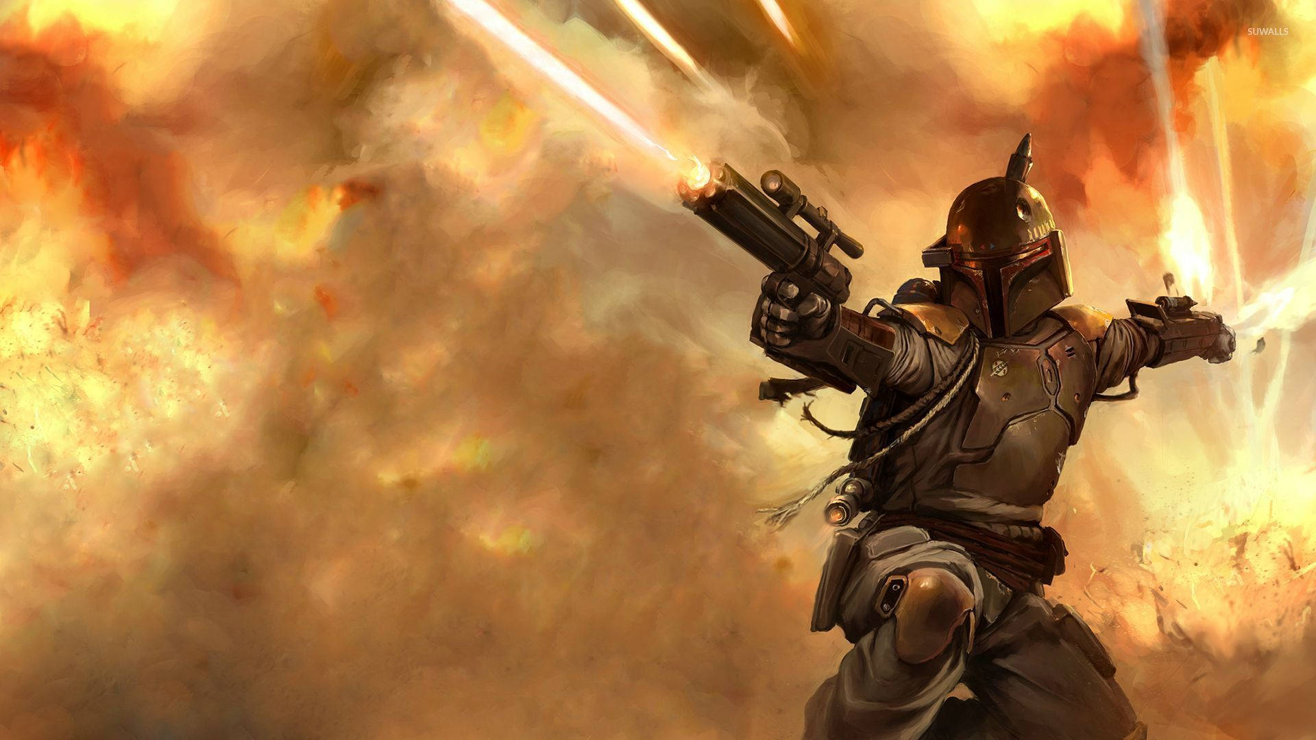 Boba Fett, dual blasters, fiery explosions, Full HD Desktop Wallpaper