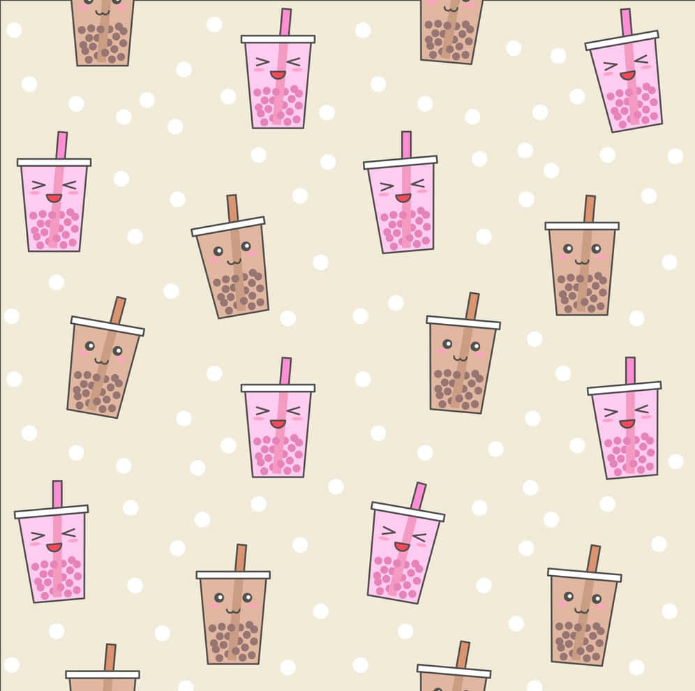 Pink And Brown Cute Boba Tea, beige background, white polka dots, SD Desktop Wallpaper