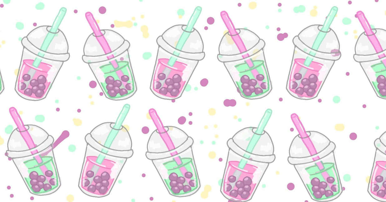 pink and green cute boba tea, bubble tea cups, pink liquid, SD Desktop Wallpaper