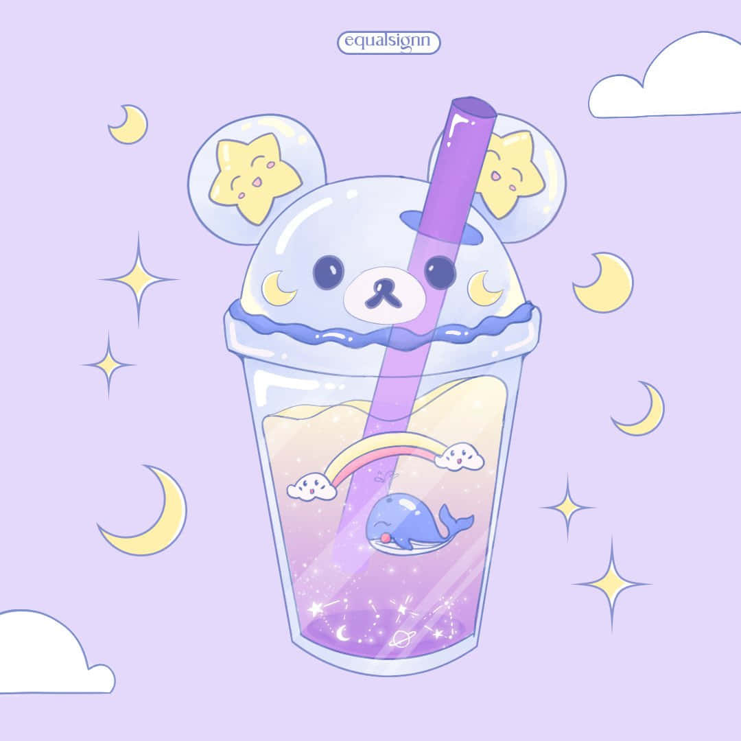 Starry Cute Boba Tea, pastel bear-shaped drink cup, whale inside glowing liquid, SD Desktop Wallpaper