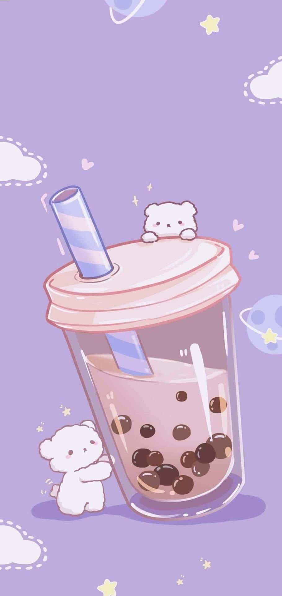 cute cartoon bear, pink bubble tea cup, boba pearls, Full HD Phone Wallpaper