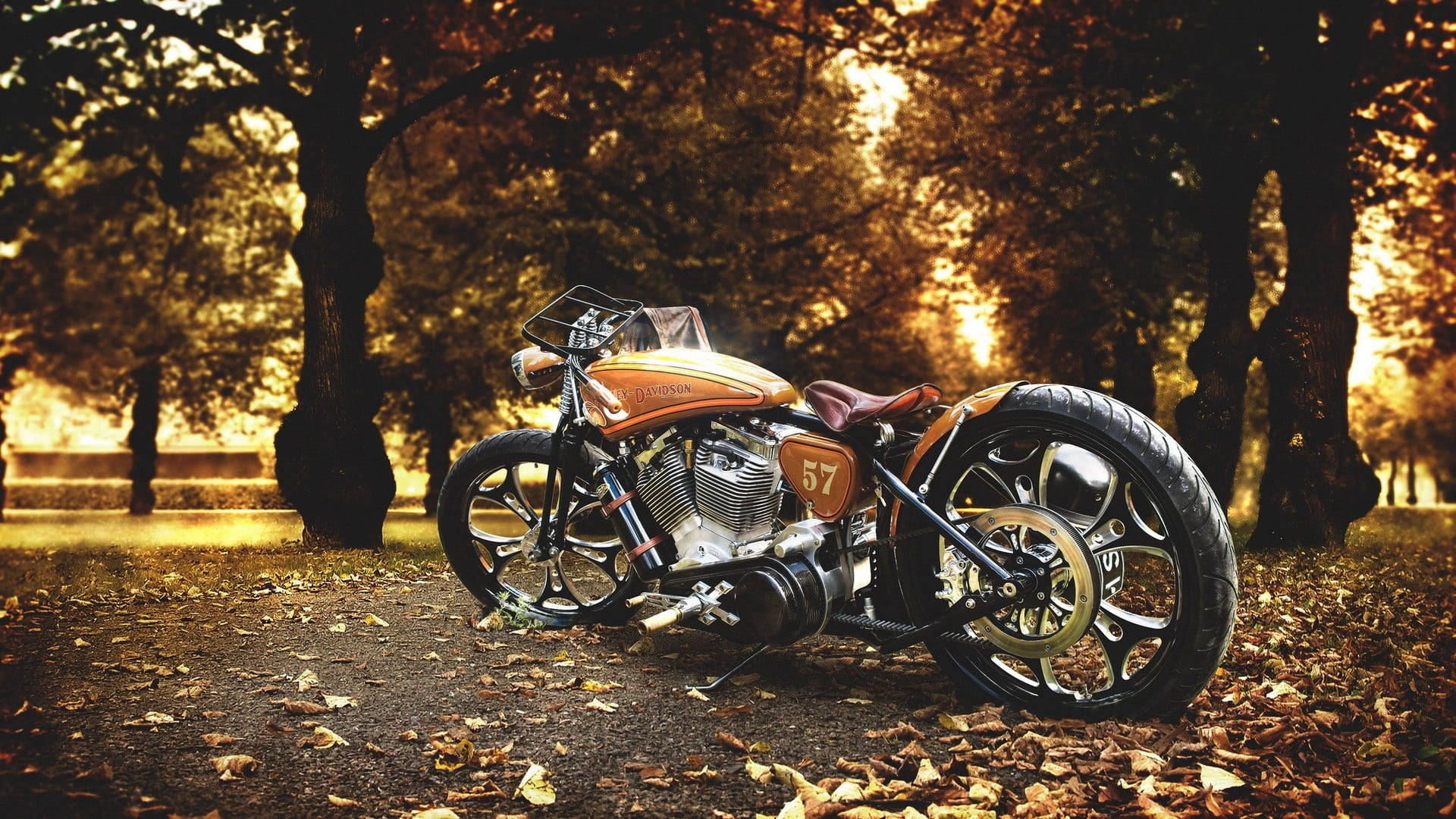 golden bobber motorcycle, orange motorcycle, 57 badge, Full HD Desktop Wallpaper