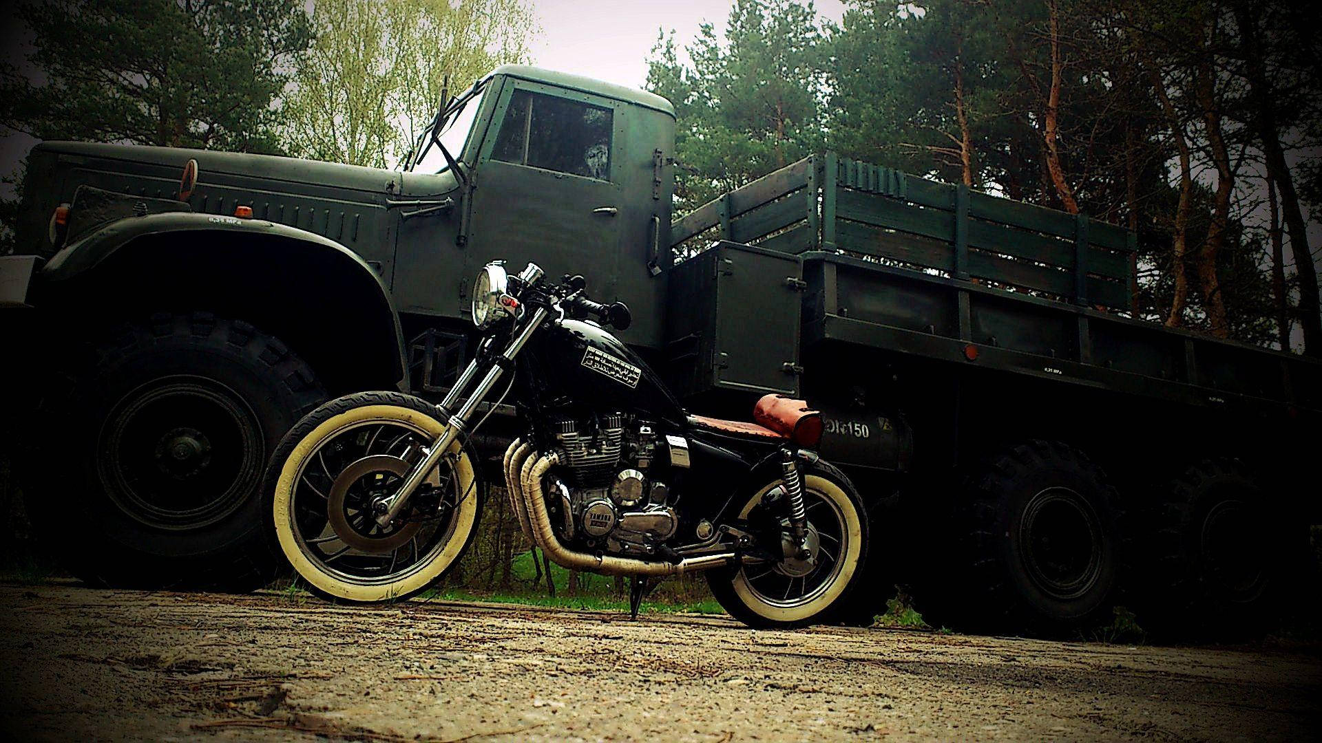 Bobber Motorcycle, Army Truck, Cafe Racer, Full HD Desktop Wallpaper
