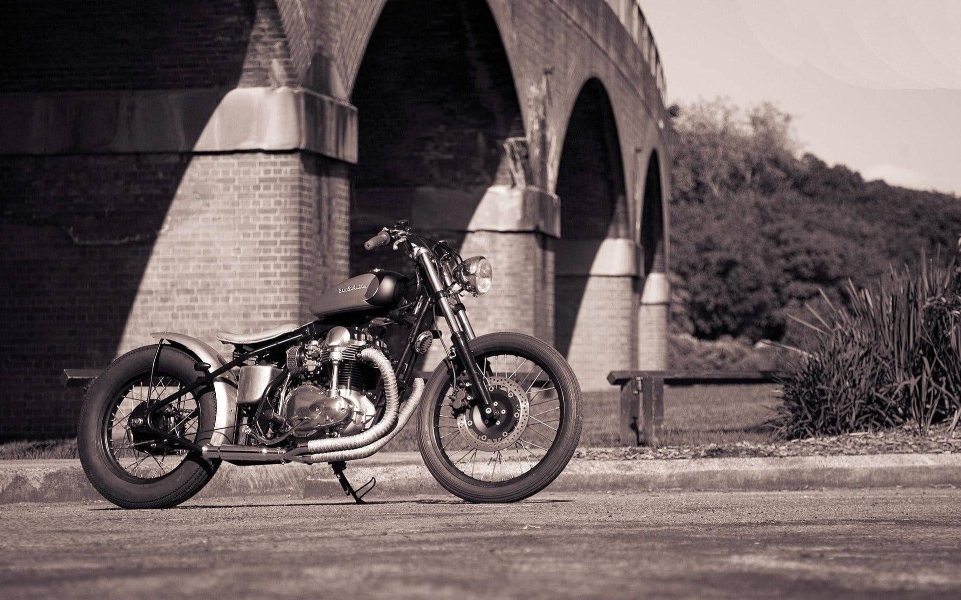 bobber, black motorcycle, stone bridge, Full HD Desktop Wallpaper