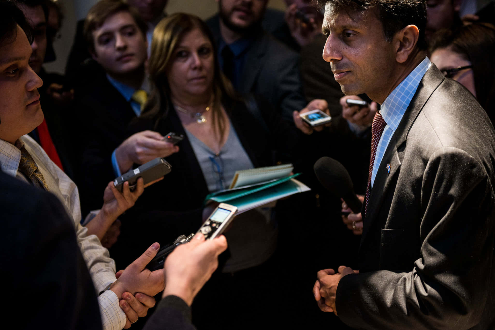 Bobby Jindal, suit, reporters, Full HD Desktop Wallpaper