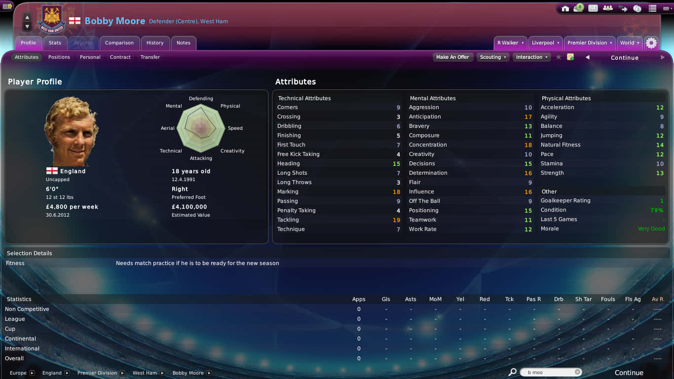 Bobby Moore, digital football manager interface, player profile, HD Desktop Wallpaper