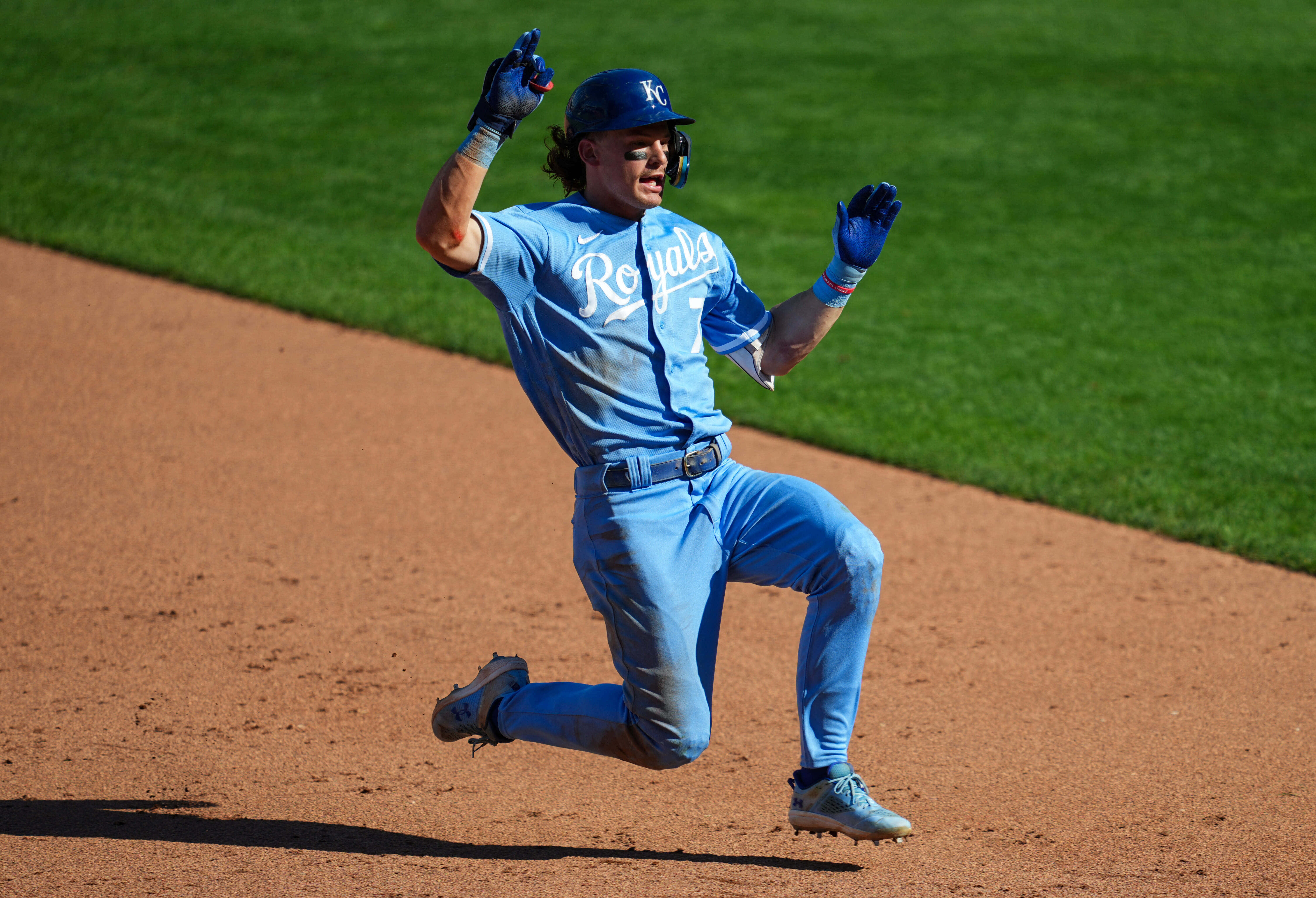 Bobby Witt Jr, light blue Royals uniform, sunlit field, 5K Desktop Wallpaper