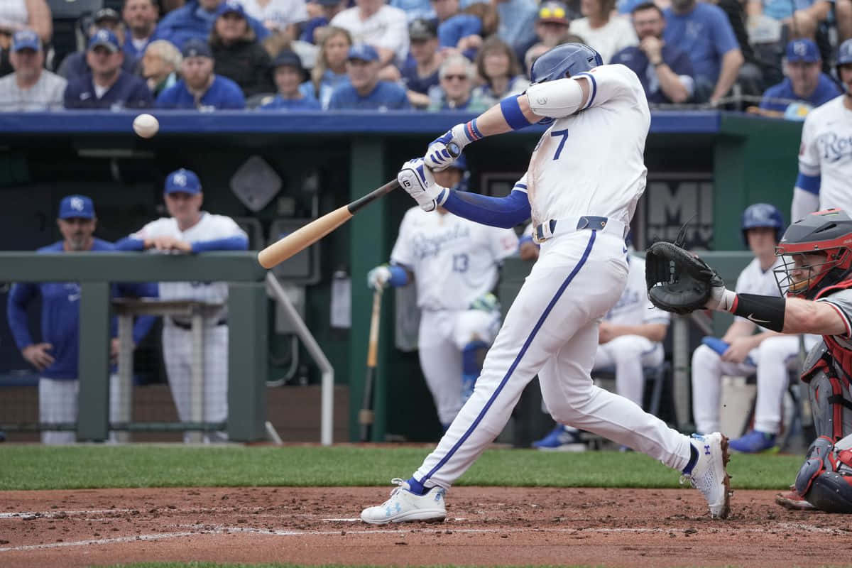 Bobby Witt Jr, baseball bat, white and blue uniform, SD Desktop Wallpaper