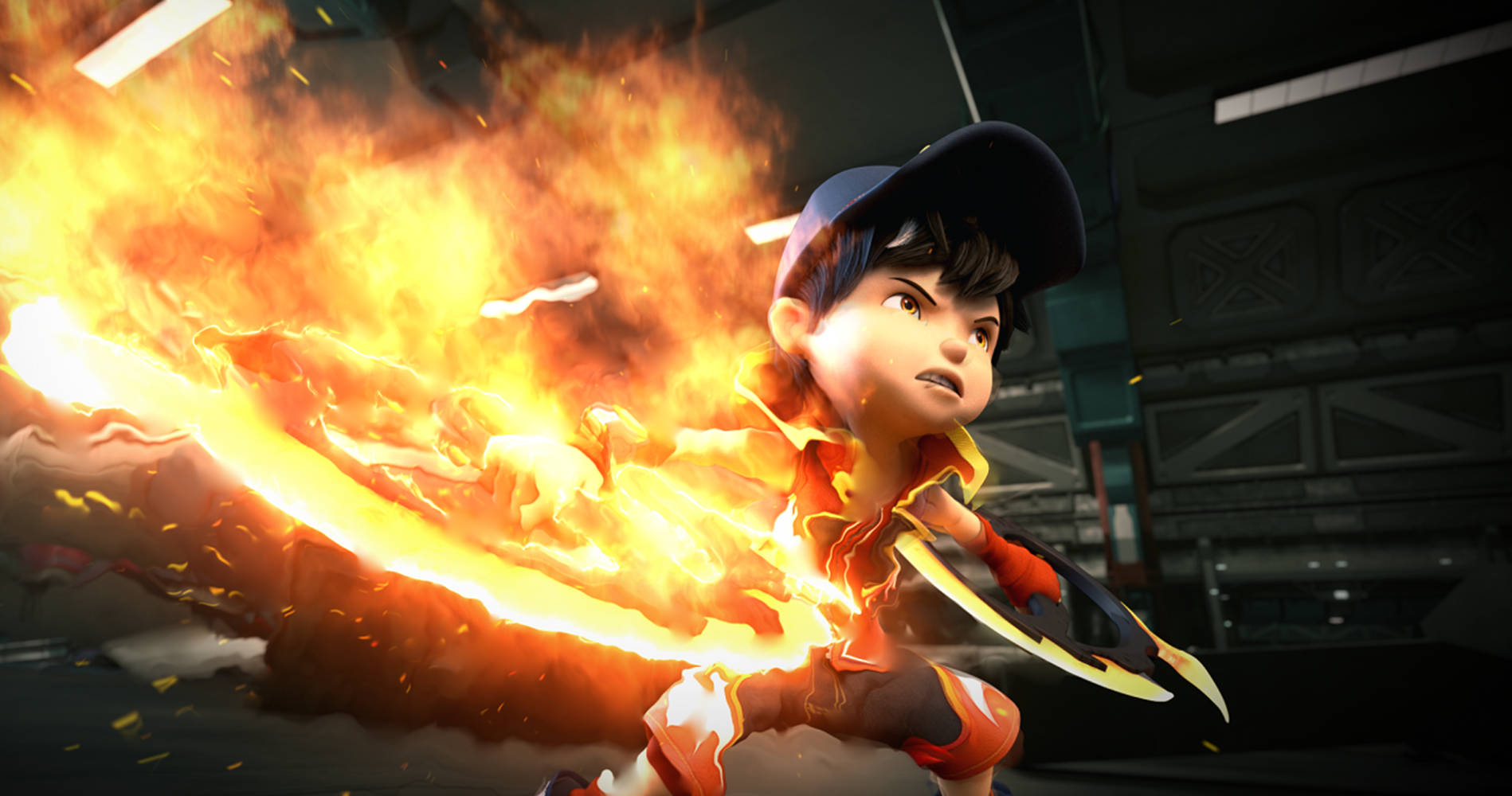 Boboiboy HD, burning fire chakrams, blazing sword, HD Desktop Wallpaper