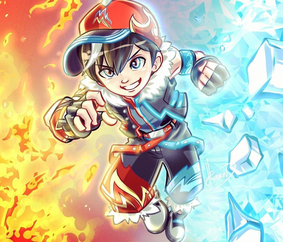Boboiboy HD, fiery red cap, blue armor, SD Desktop Wallpaper