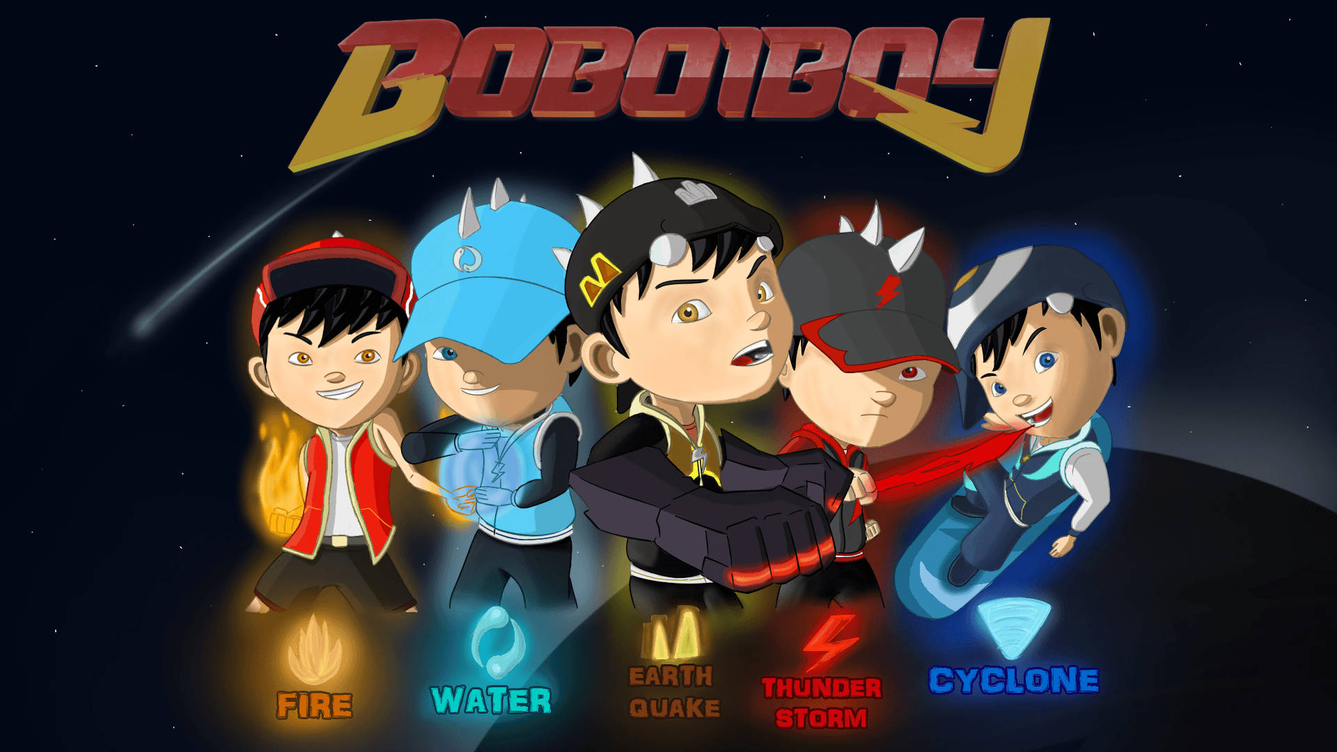 BoBoiBoy, elemental forms, starry night sky, Full HD Desktop Wallpaper