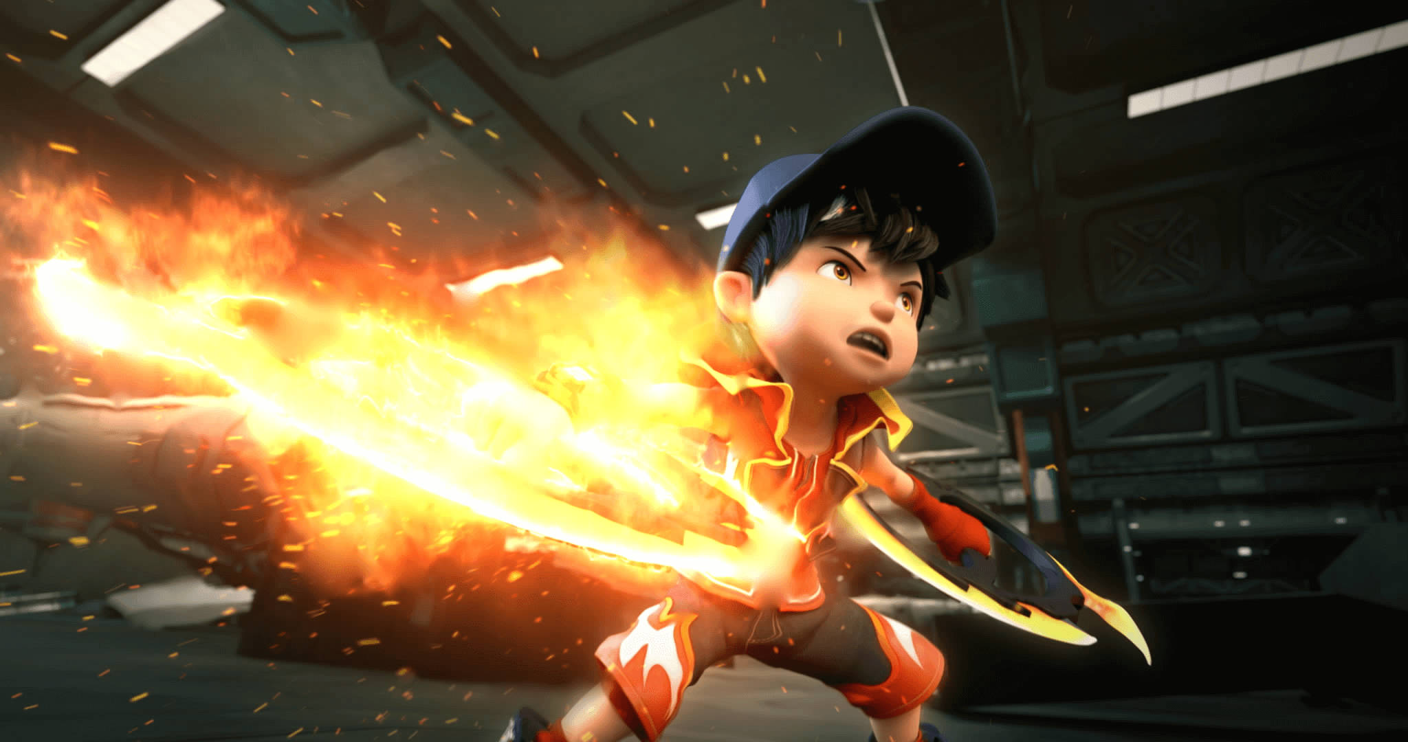 BoBoiBoy, fire weapon, blazing fiery sword, Full HD Desktop Wallpaper