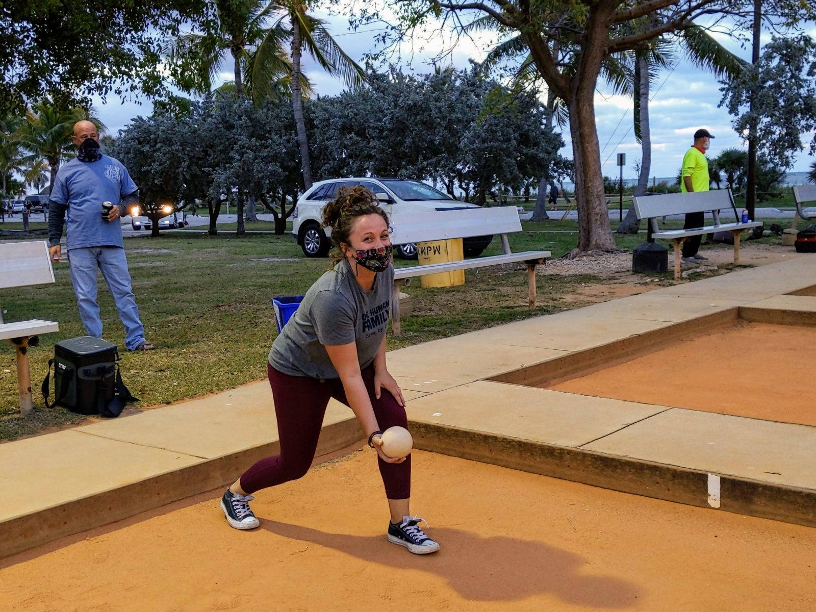 bocce ball, park, woman in a mask, HD Desktop Wallpaper