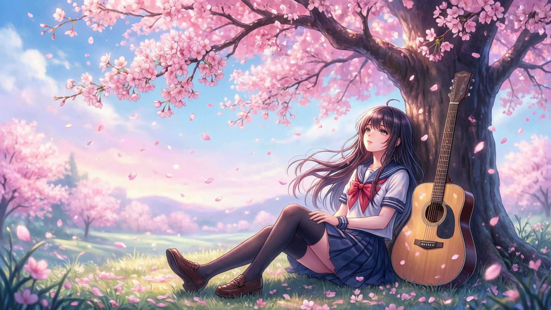 Bocchi, cherry blossom tree, guitar, Full HD Desktop Wallpaper