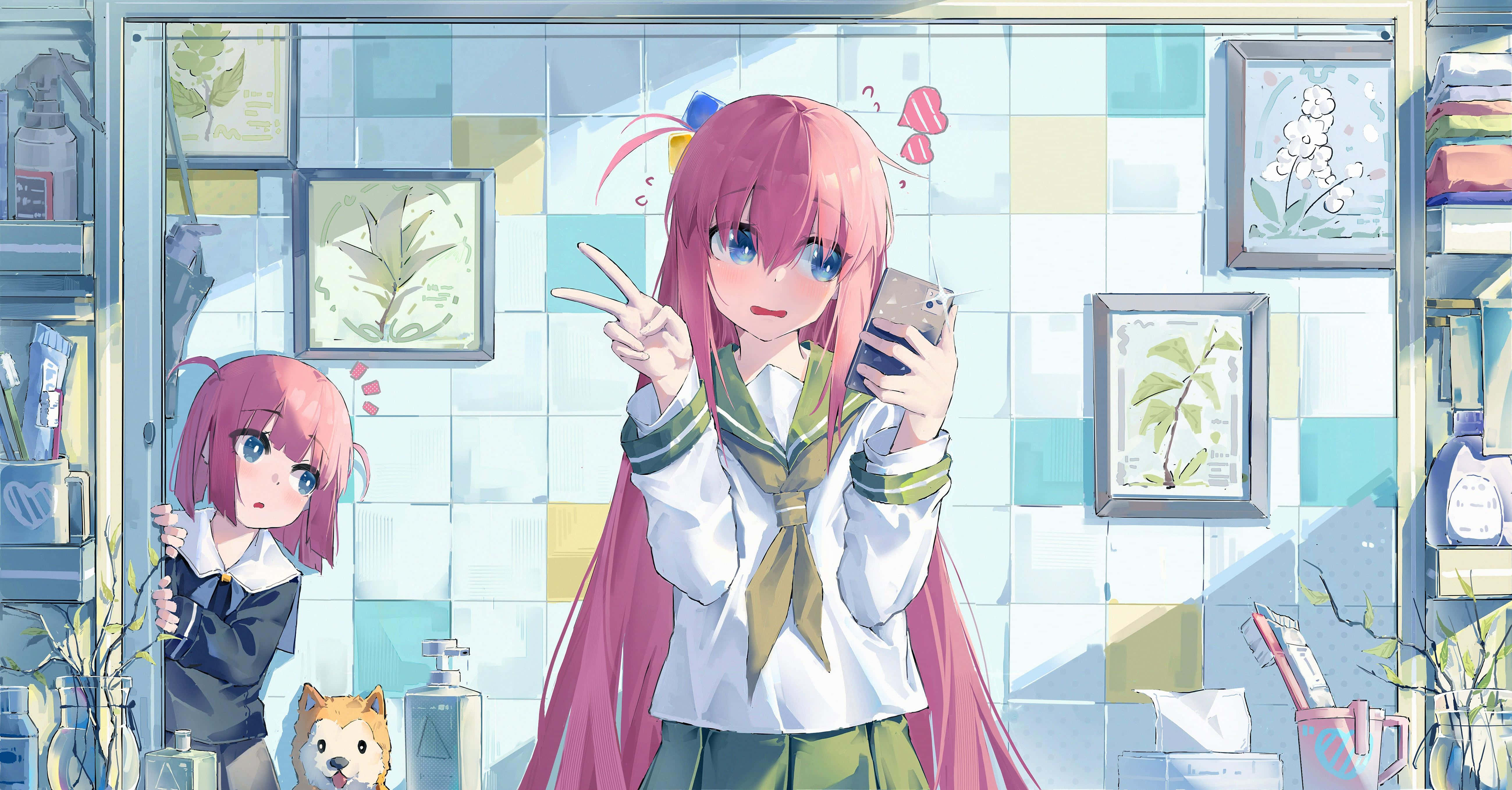 Bocchi The Rock, pink-haired anime girl, school uniform, 5K Desktop Wallpaper