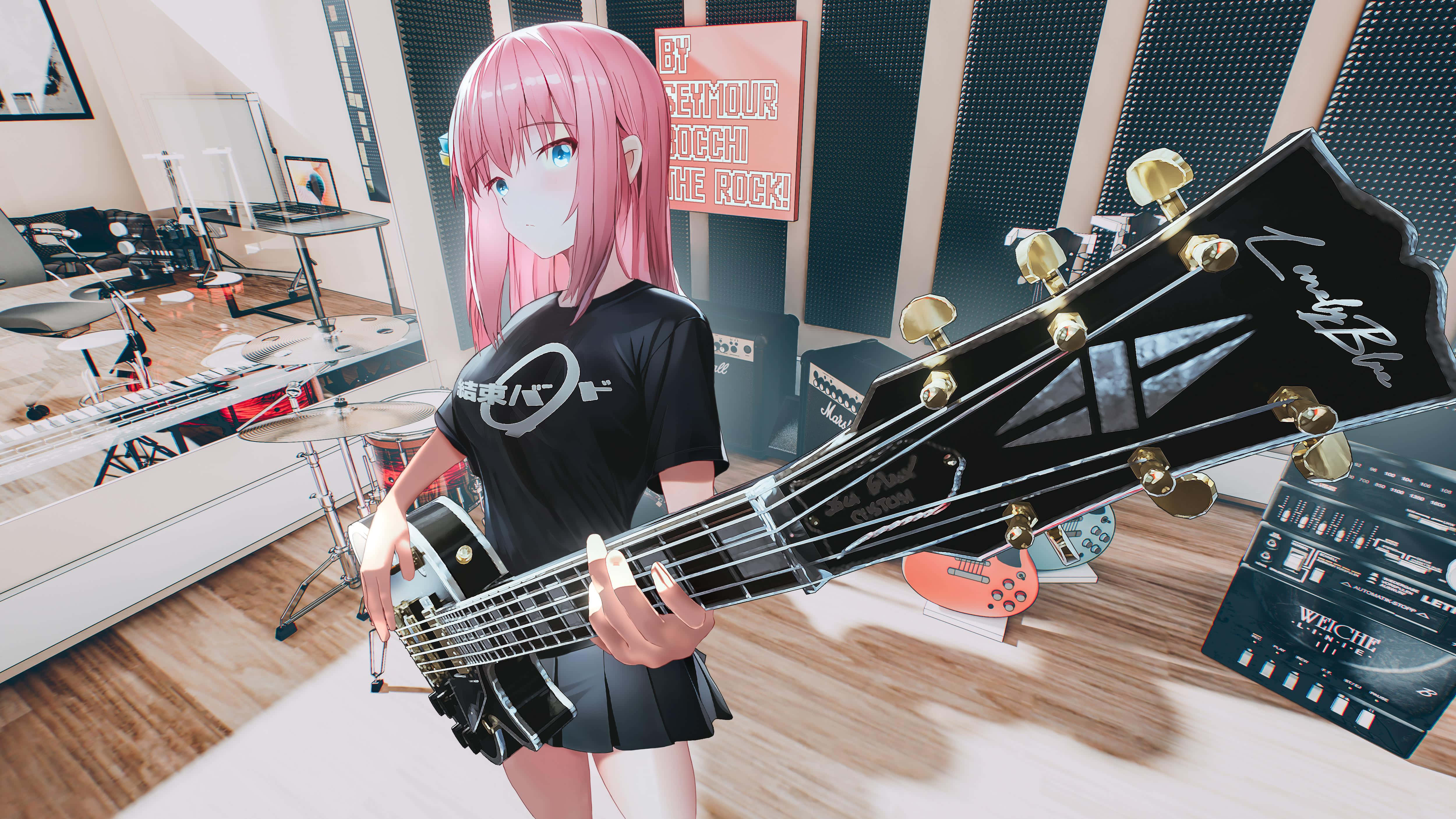 Bocchi The Rock, pink-haired anime girl, black bass guitar, 4K Desktop Wallpaper