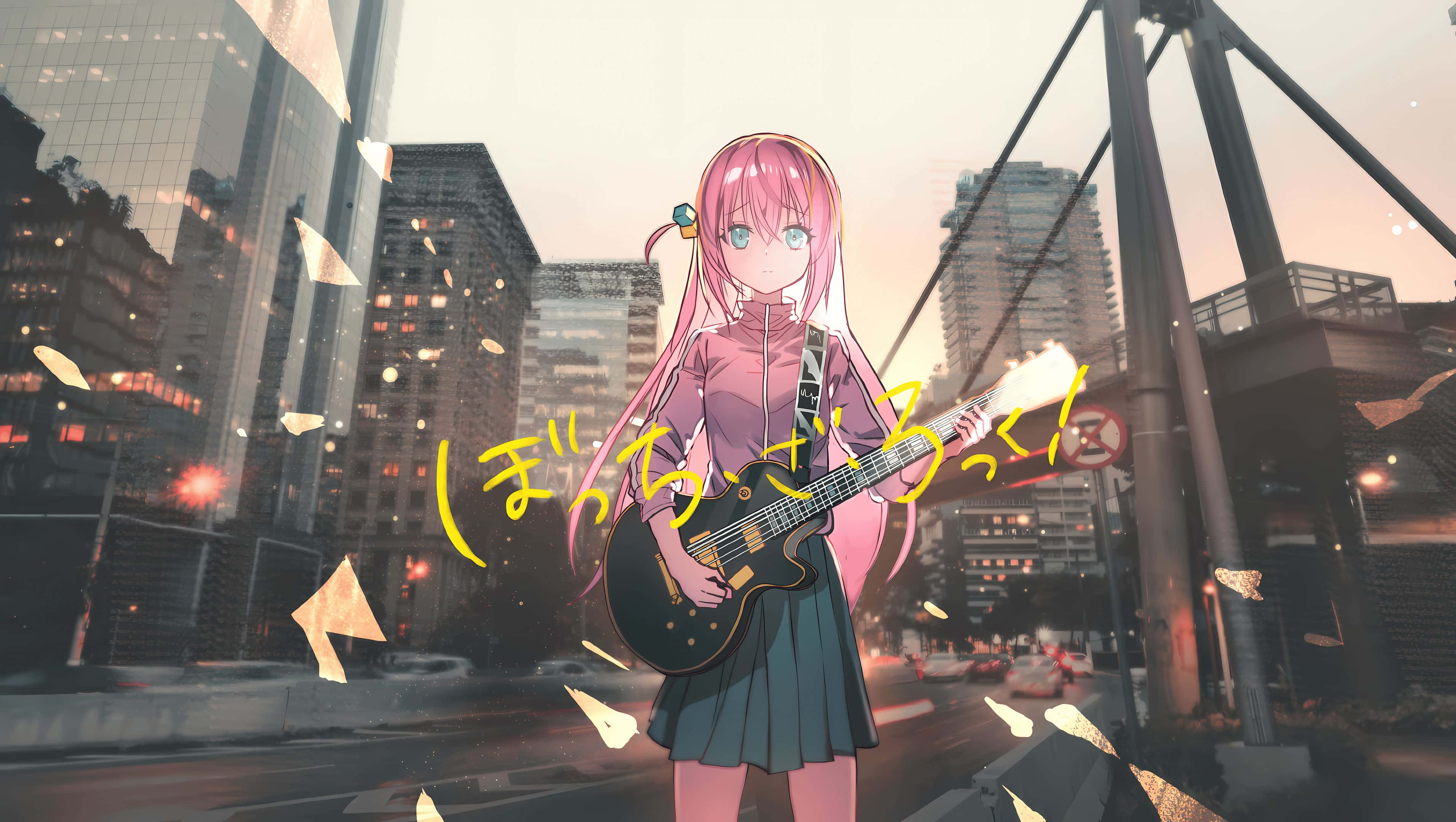 Bocchi The Rock, pink-haired anime girl, electric guitar, 2K Desktop Wallpaper