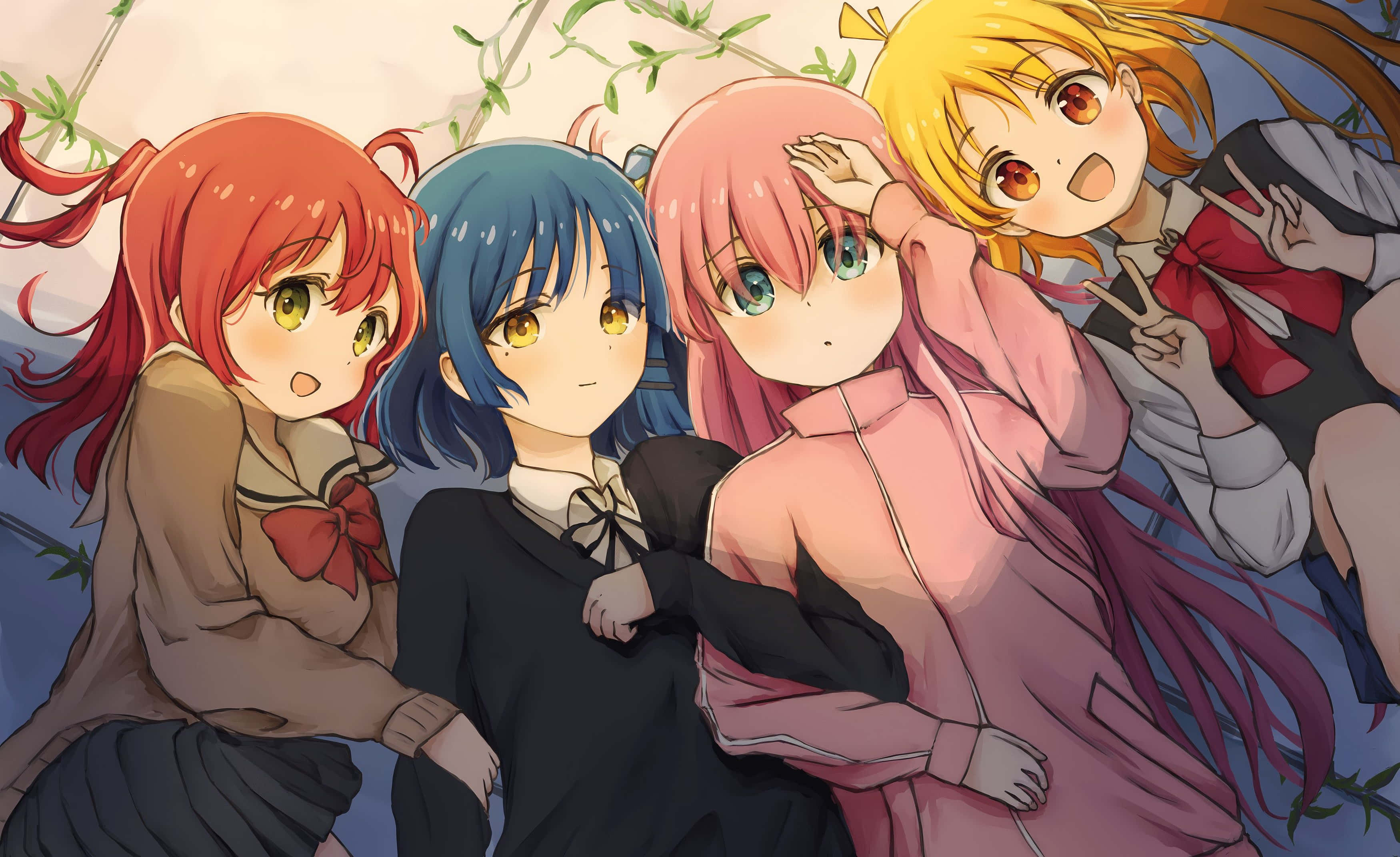 Bocchi The Rock, group pose, school uniforms, 2K Desktop Wallpaper