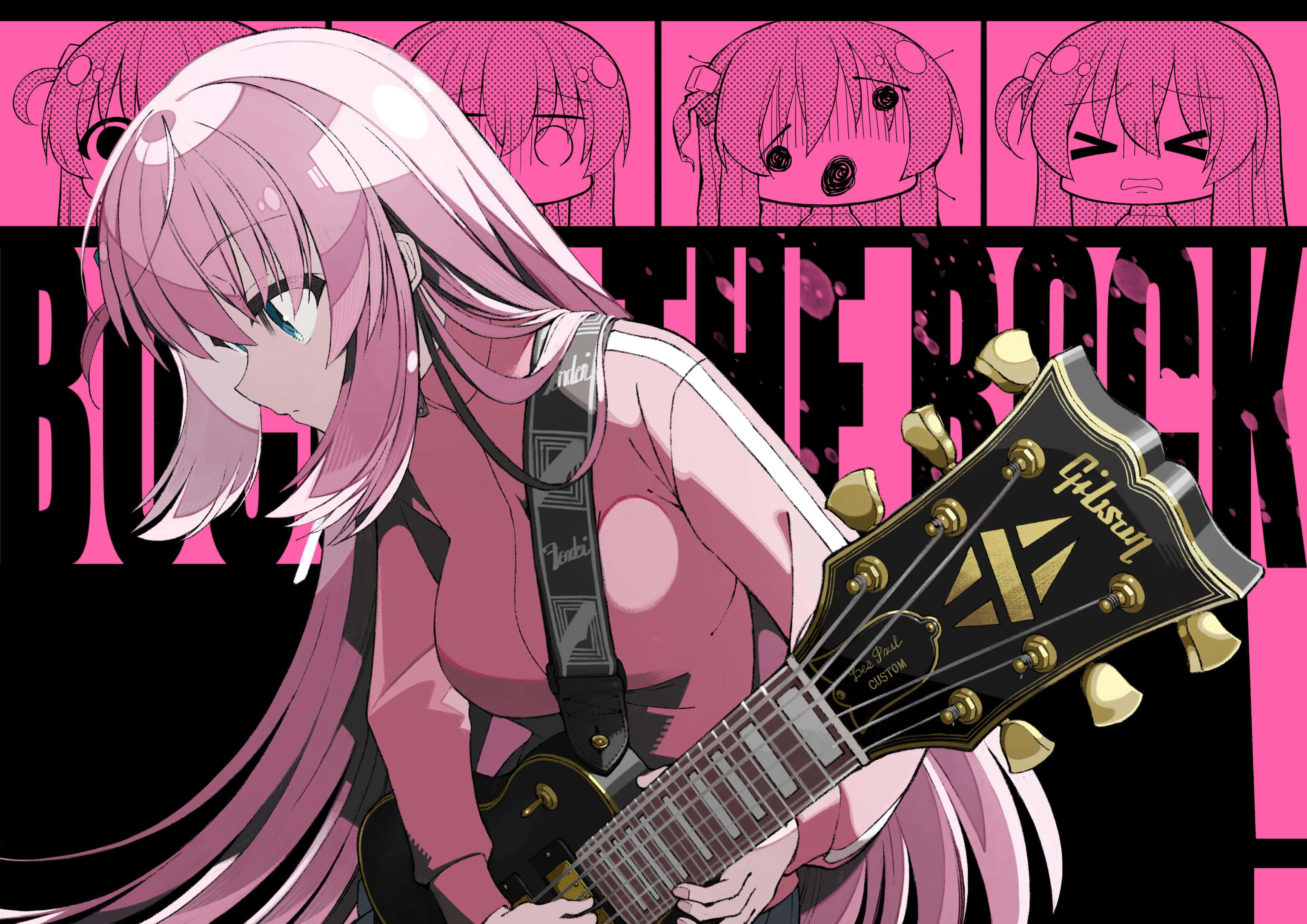 Bocchi The Rock, pink-haired anime girl, black electric guitar, 2K Desktop Wallpaper