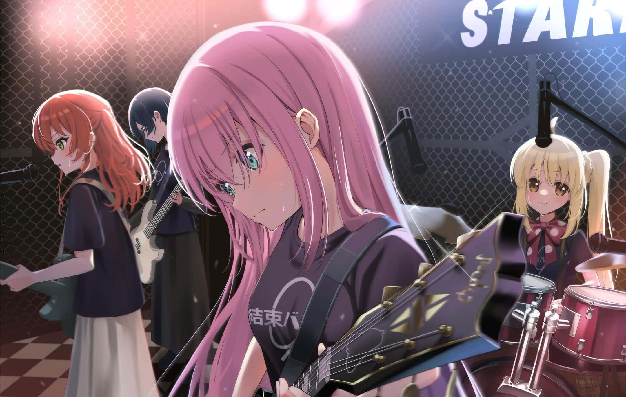 Bocchi The Rock, pink-haired anime girl, guitar, Full HD Desktop Wallpaper