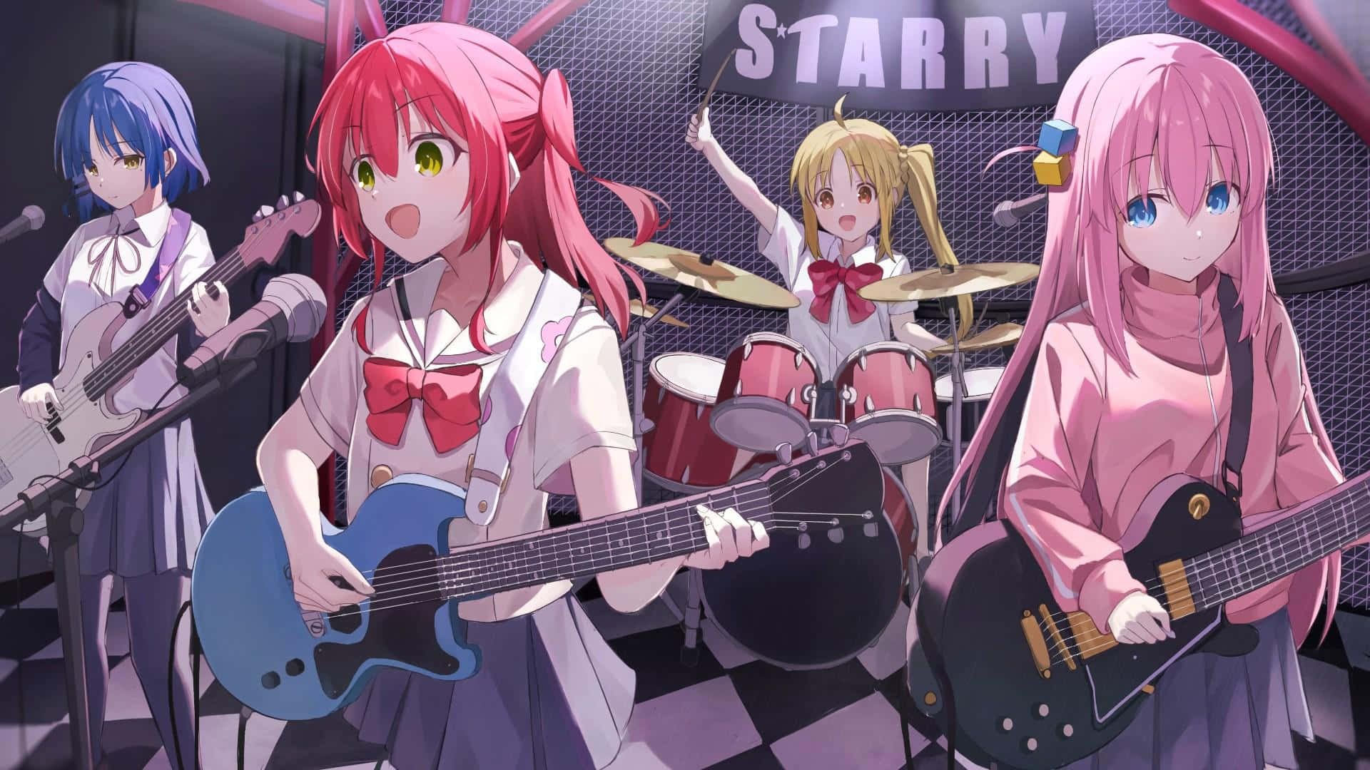 Bocchi The Rock, checkered stage, STARRY sign, Full HD Desktop Wallpaper