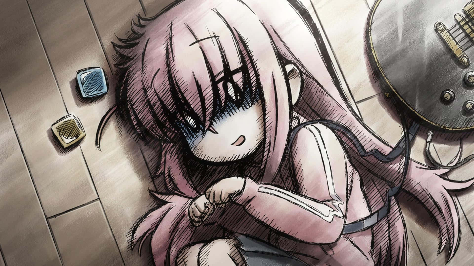 Bocchi The Rock, pink-haired anime girl, tear-streaked eyes, Full HD Desktop Wallpaper