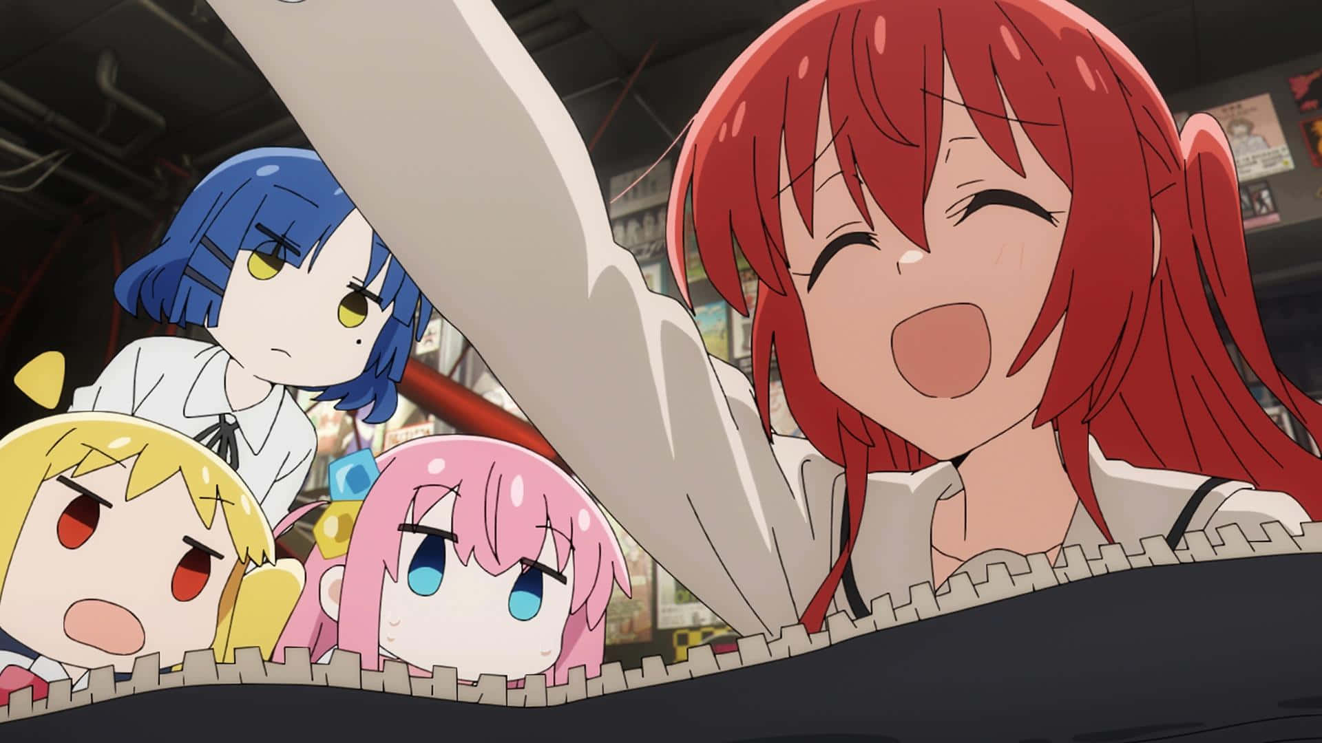 Bocchi The Rock, red-haired anime girl, three smaller anime characters, Full HD Desktop Wallpaper