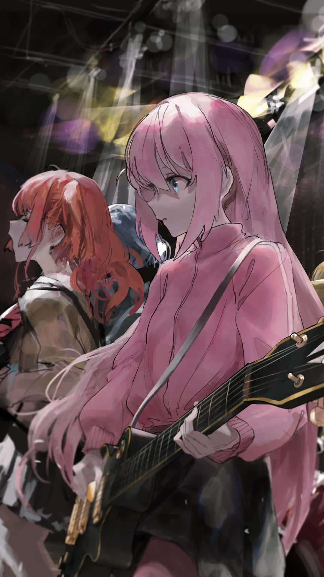 Bocchi The Rock, pink-haired anime girl, electric guitar, Full HD Phone Wallpaper