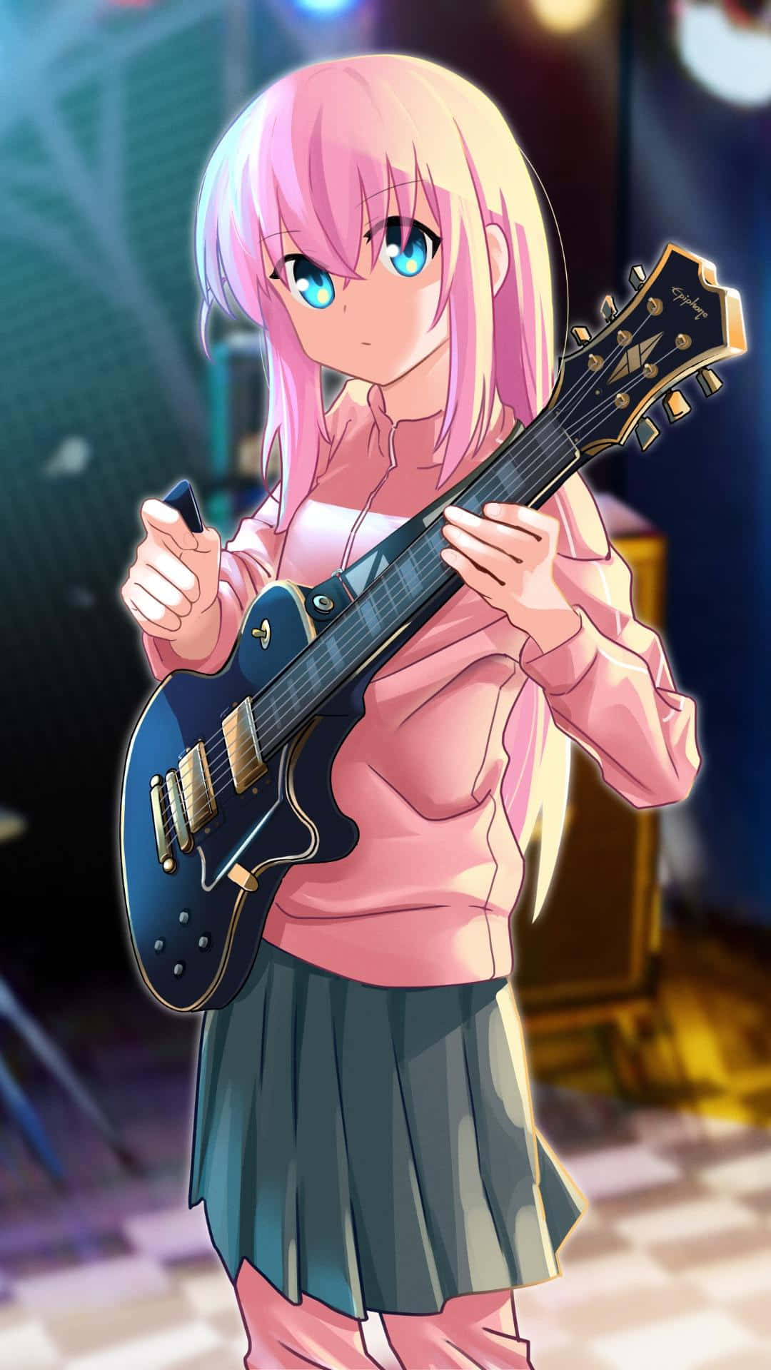 pink-haired anime girl, blue eyes, black electric guitar, Full HD Phone Wallpaper