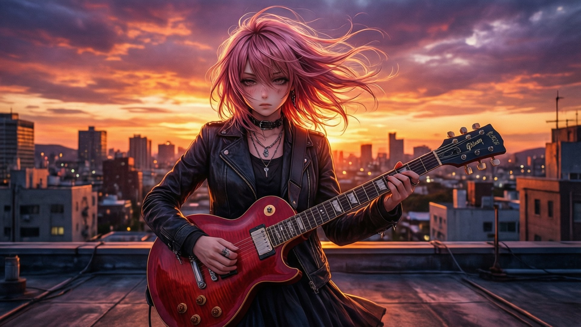 Bocchi The Rock, pink-haired anime girl, leather jacket, Full HD Desktop Wallpaper