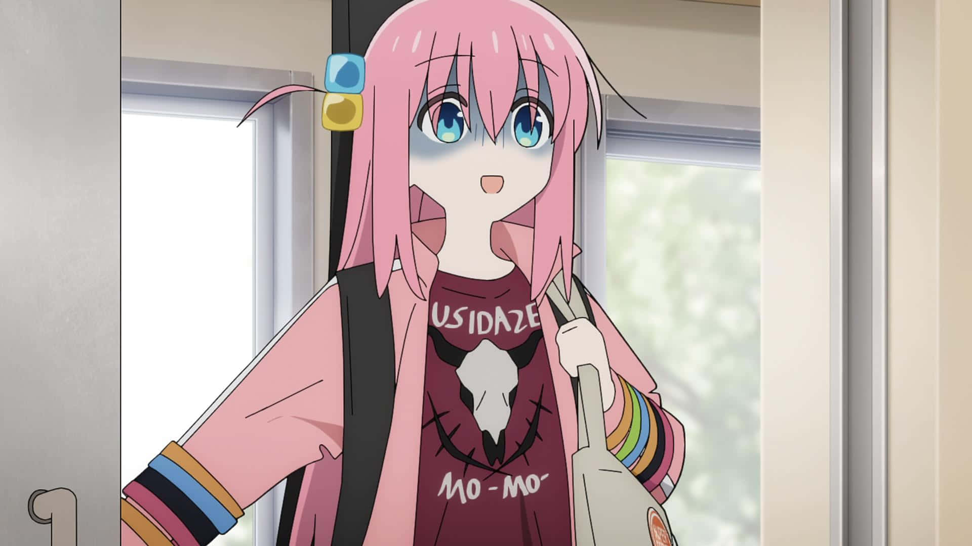 Bocchi The Rock, pink-haired anime girl, blue eyes, Full HD Desktop Wallpaper